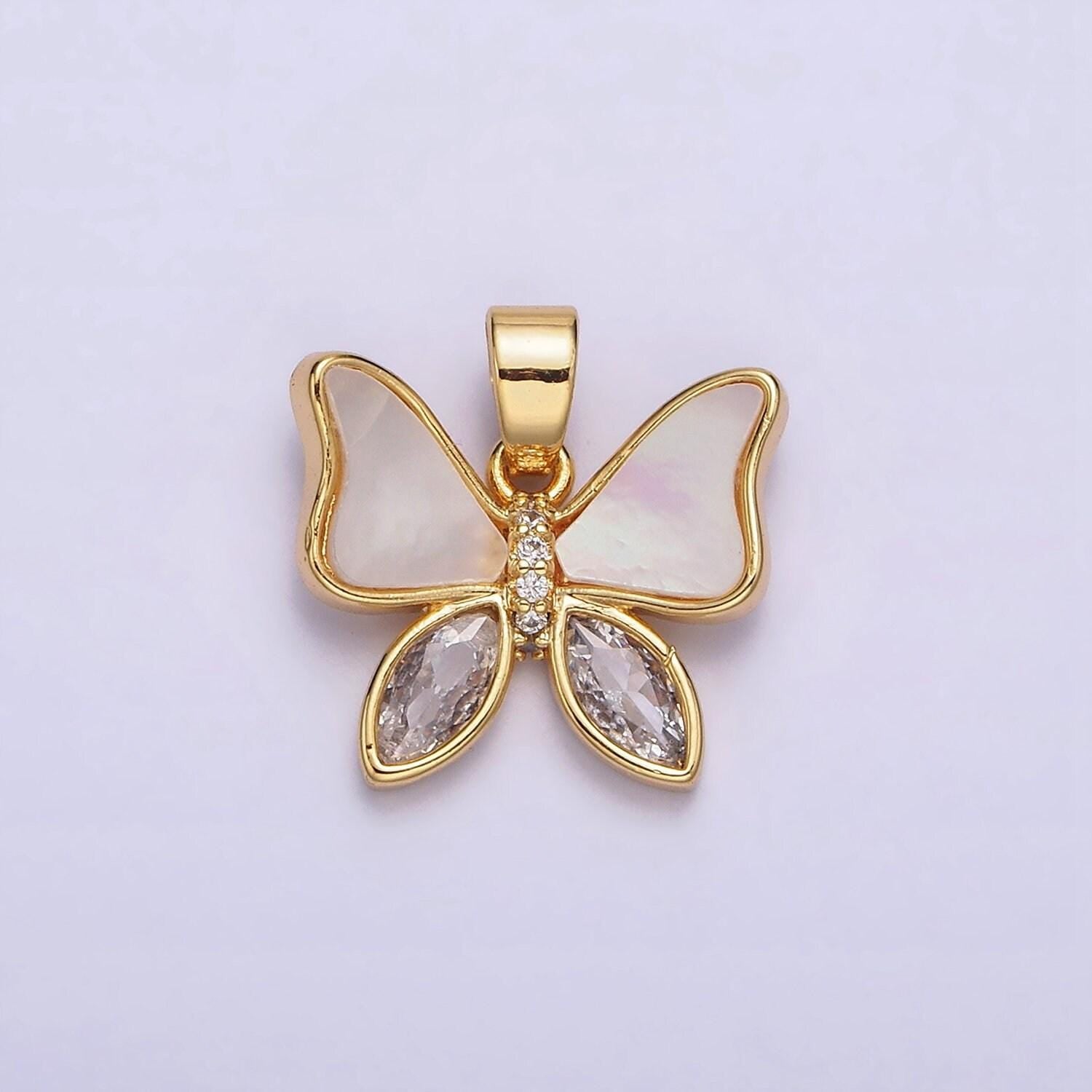 24k gold filled butterfly shell pearl clear cz marquise wings pendant | aa586