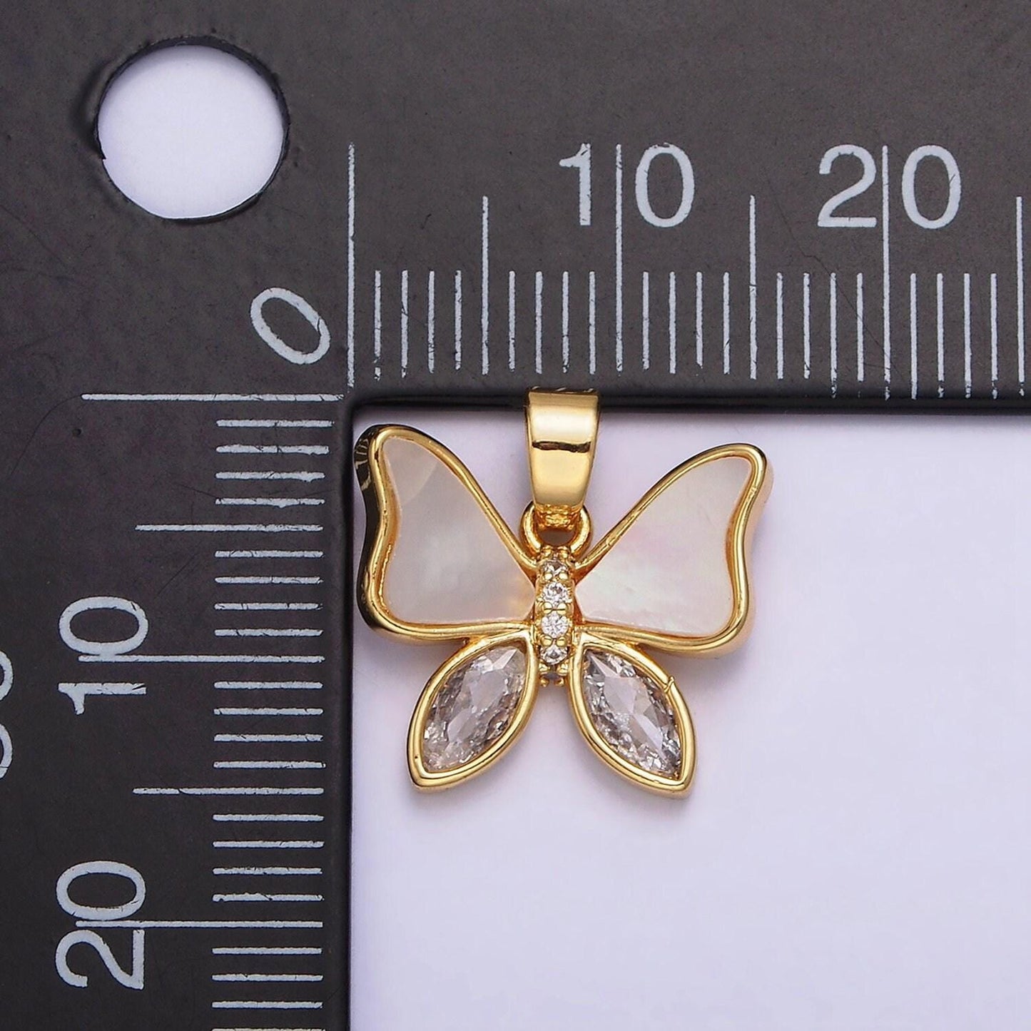 24k gold filled butterfly shell pearl clear cz marquise wings pendant | aa586