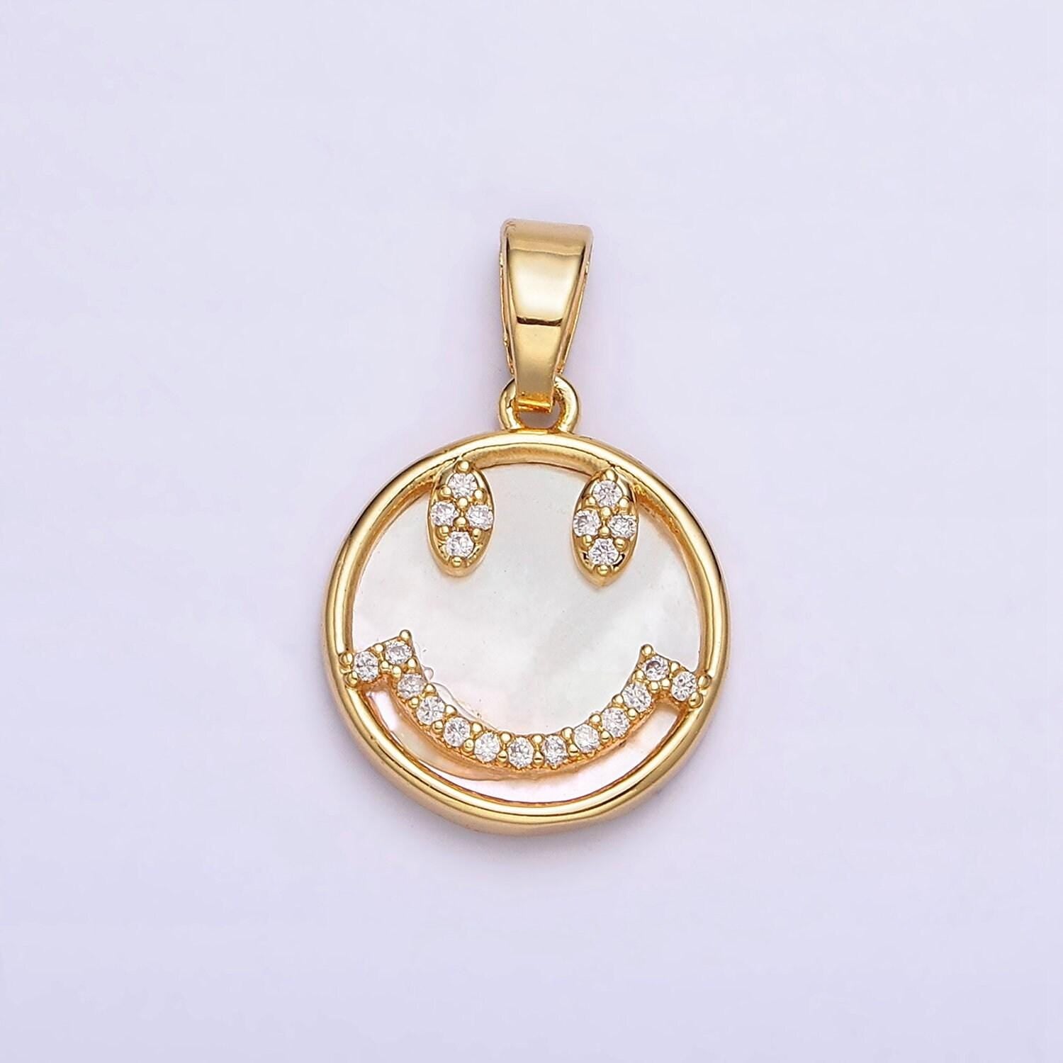24k gold filled happy face micro paved cz shell pearl round pendant | aa584