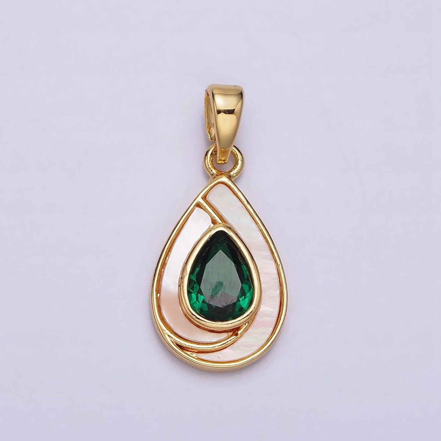 24k gold filled green teardrop cz shell pearl lined pendant | aa579