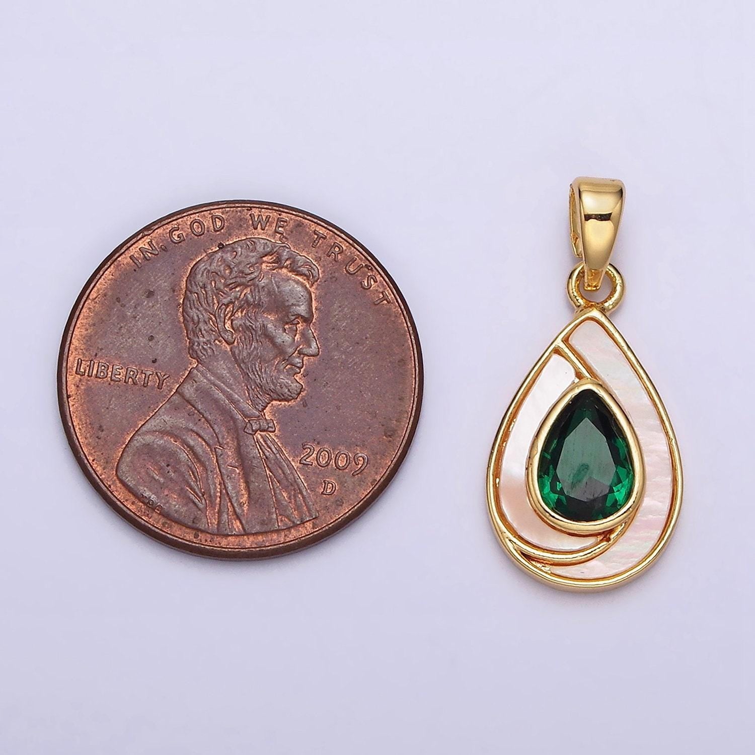 24k gold filled green teardrop cz shell pearl lined pendant | aa579