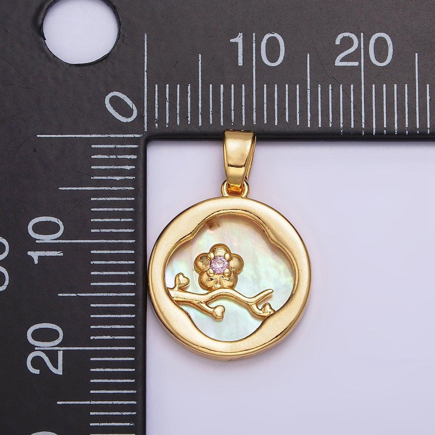 24k gold filled pink flower cz branch shell pearl quatrefoil round pendant | aa576