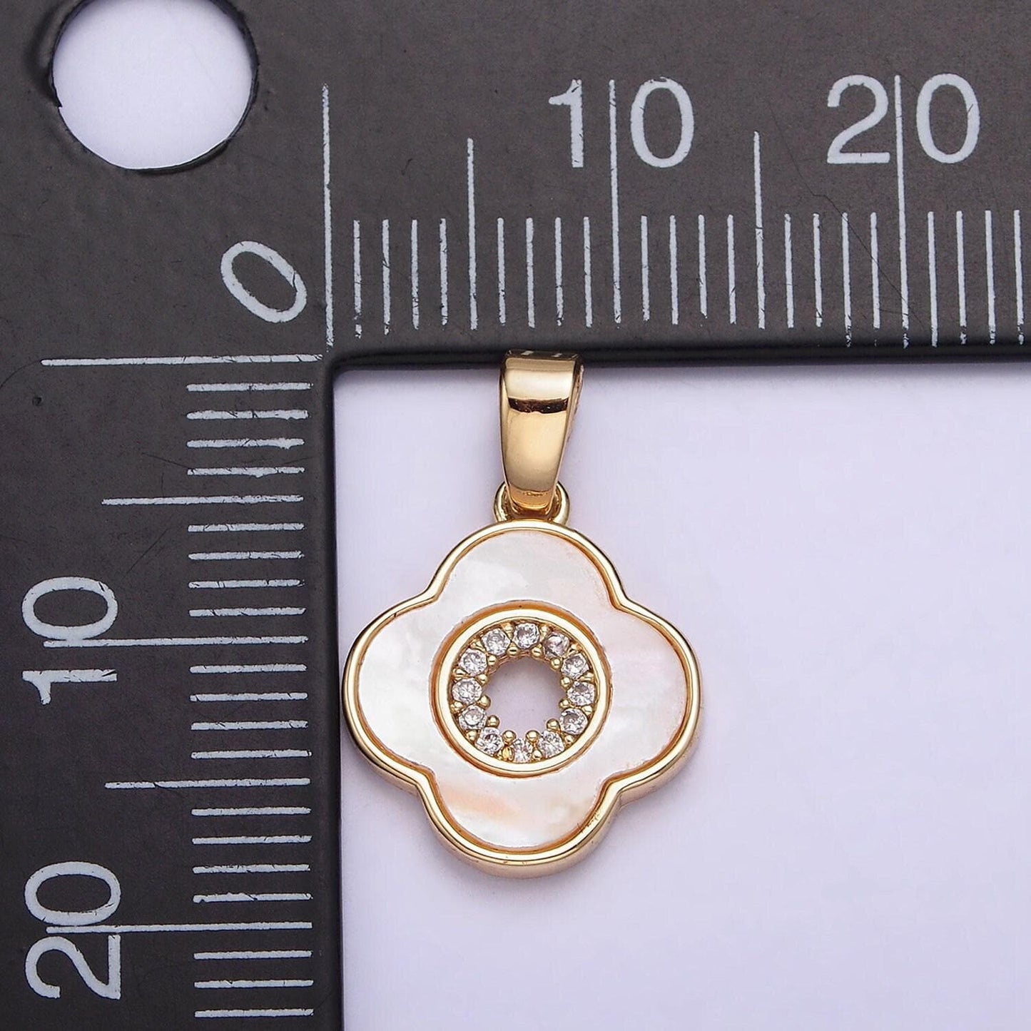 24k gold filled shell pearl micro paved cz open quatrefoil pendant | aa575