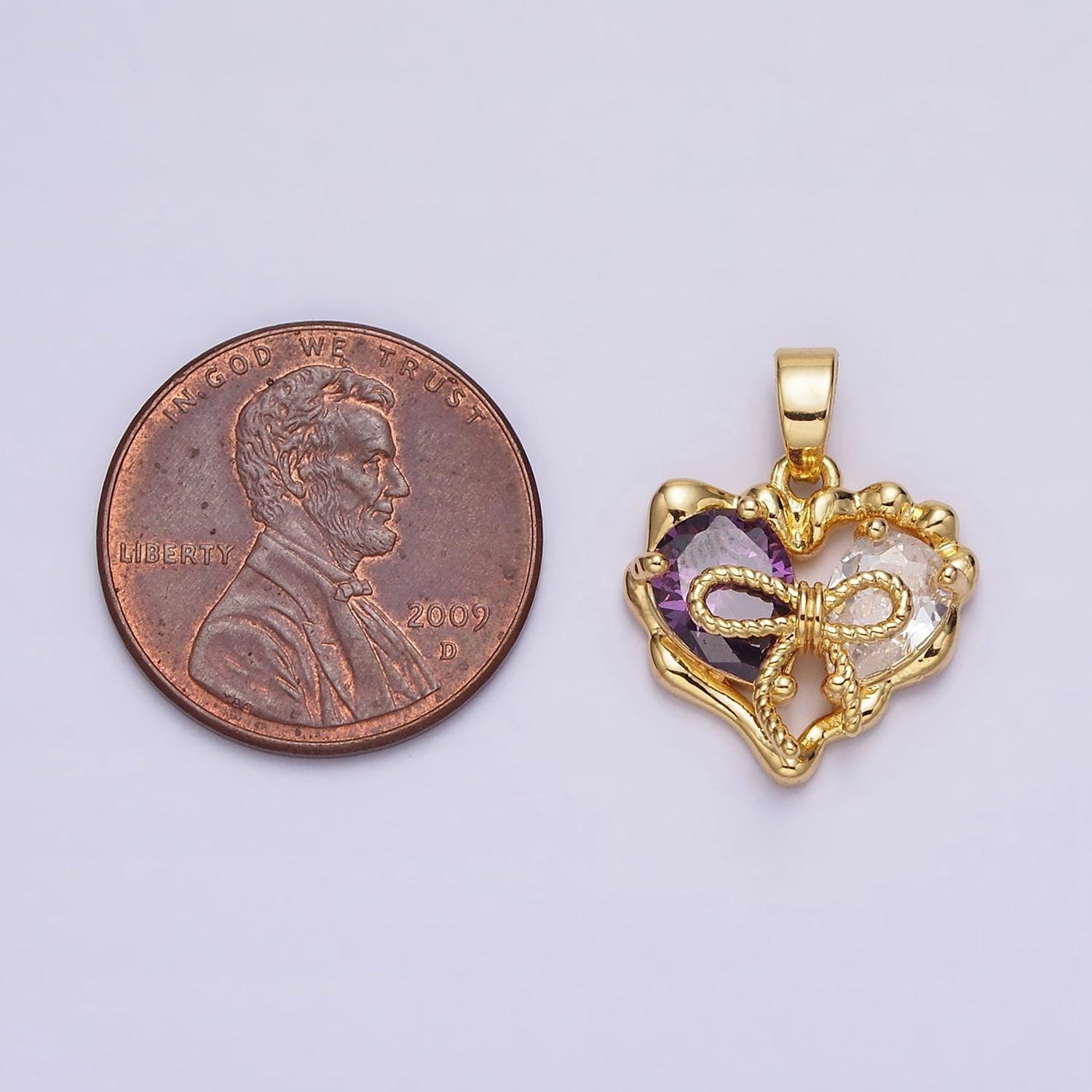 24k gold filled purple pink teardrop cz ribbon tied molten drip abstract heart pendant | aa569