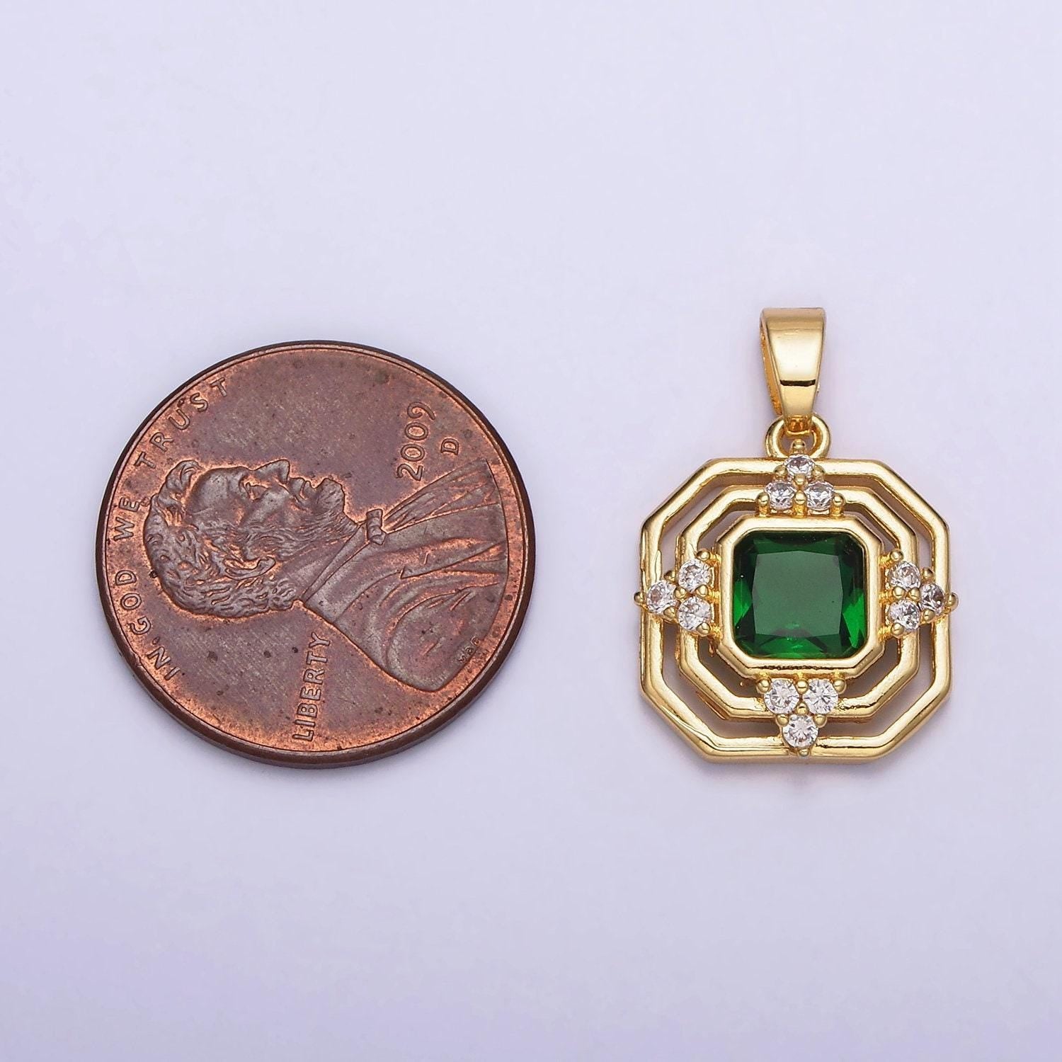 Mini octagon pendant with emerald green cz stone for necklace bracelet component aa-566