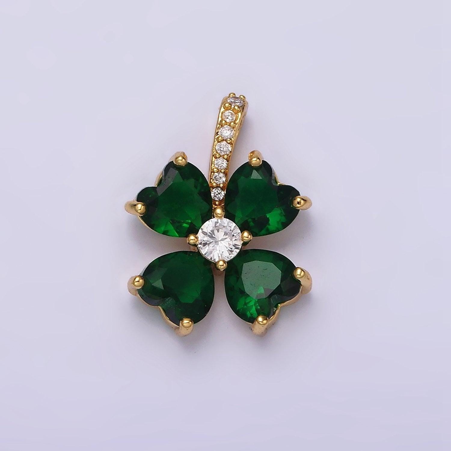 16k gold filled emerald green flower cz heart petal micro paved bail pendant | aa547