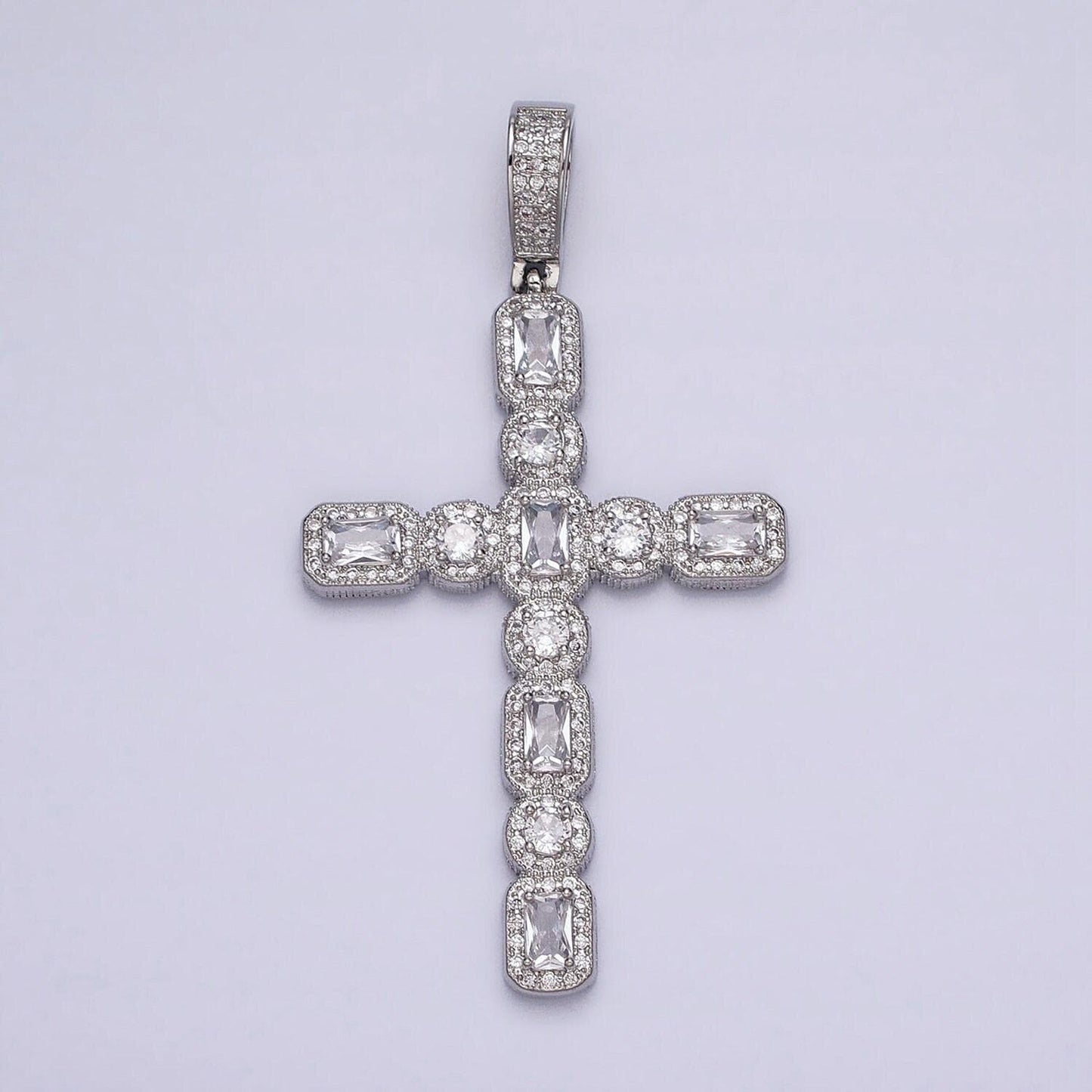 16k gold filled cross religious clear baguette round cz micro paved pendant in gold & silver | aa503 aa504
