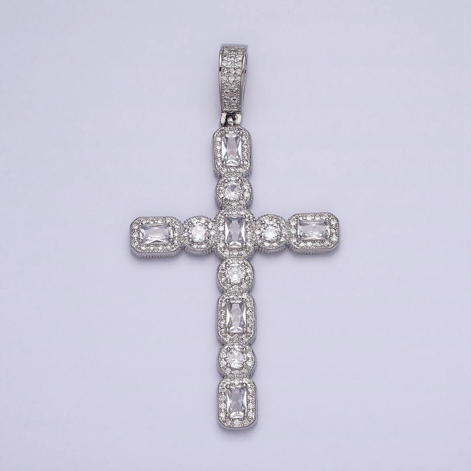 16k gold filled cross religious clear baguette round cz micro paved pendant in gold & silver | aa503 aa504
