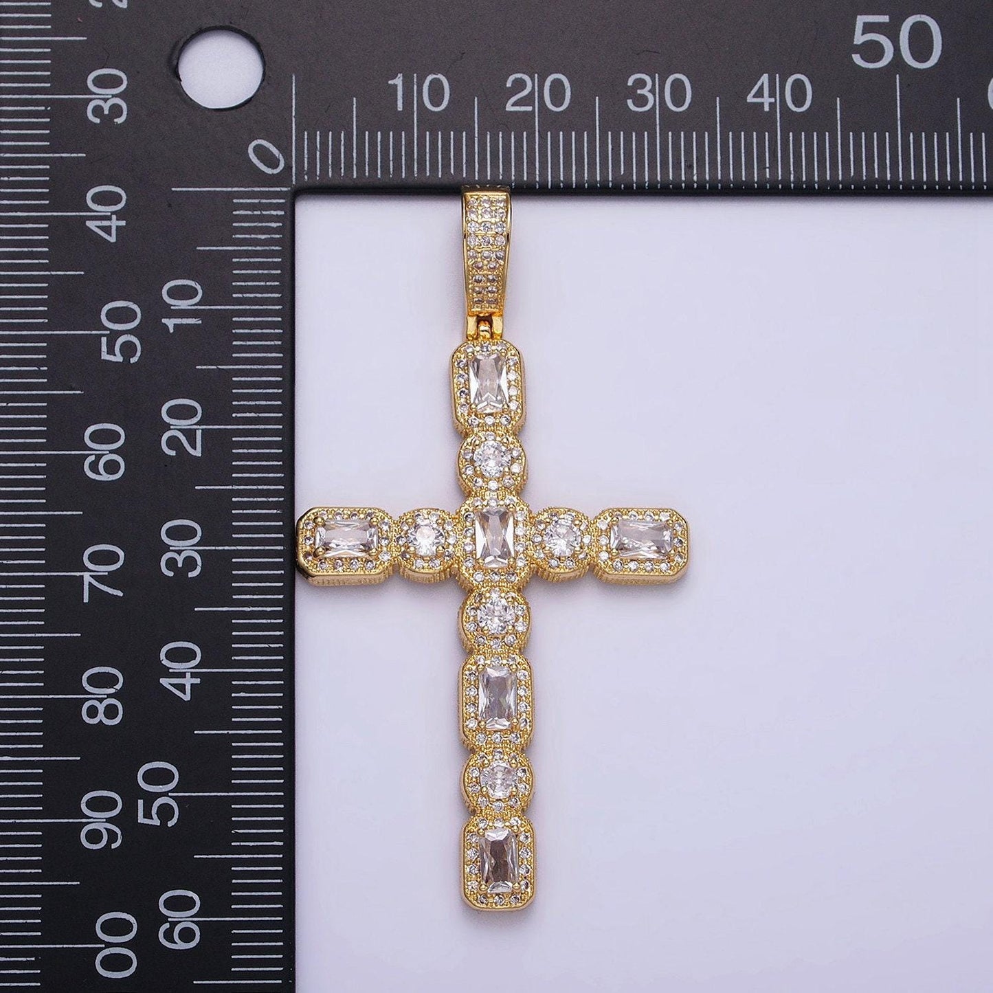 16k gold filled cross religious clear baguette round cz micro paved pendant in gold & silver | aa503 aa504