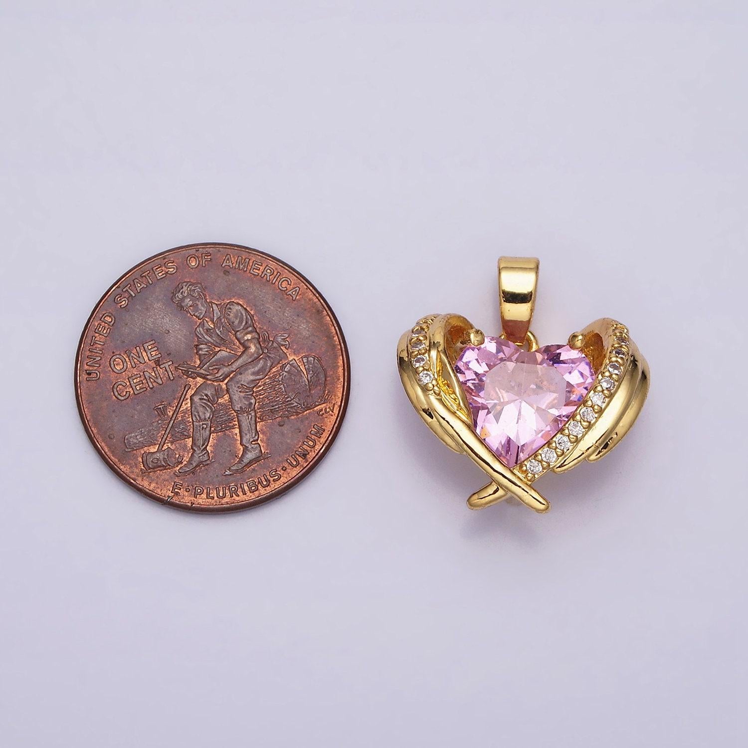 16k gold filled pink cz heart micro paved wings pendant | aa485