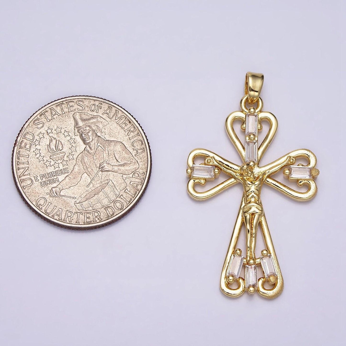 18k gold filled crucifix charm, tiny cz baguette cross pendant charm religious minimalist layering pendant easter gift | aa479