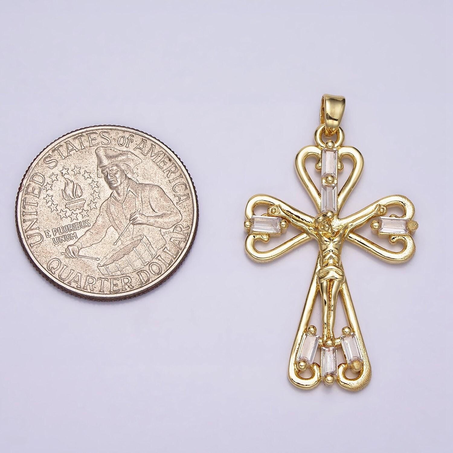 18k gold filled crucifix charm, tiny cz baguette cross pendant charm religious minimalist layering pendant easter gift | aa479