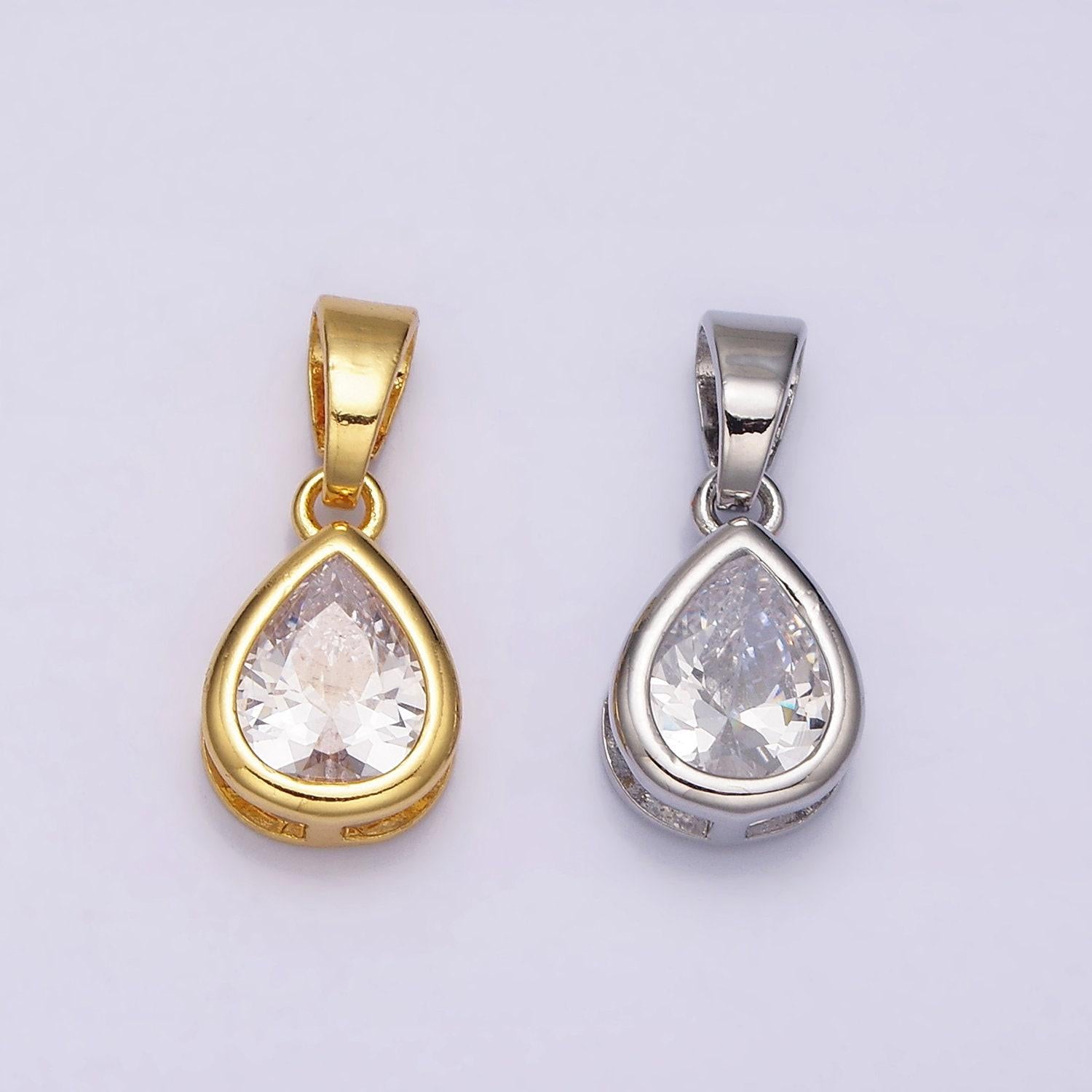 24k gold filled teardrop clear cz bezel mini pendant in gold & silver | aa443 aa444