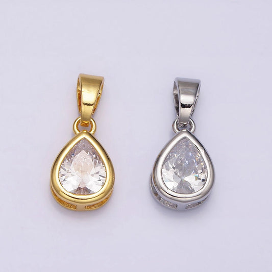 24k gold filled teardrop clear cz bezel mini pendant in gold & silver | aa443 aa444