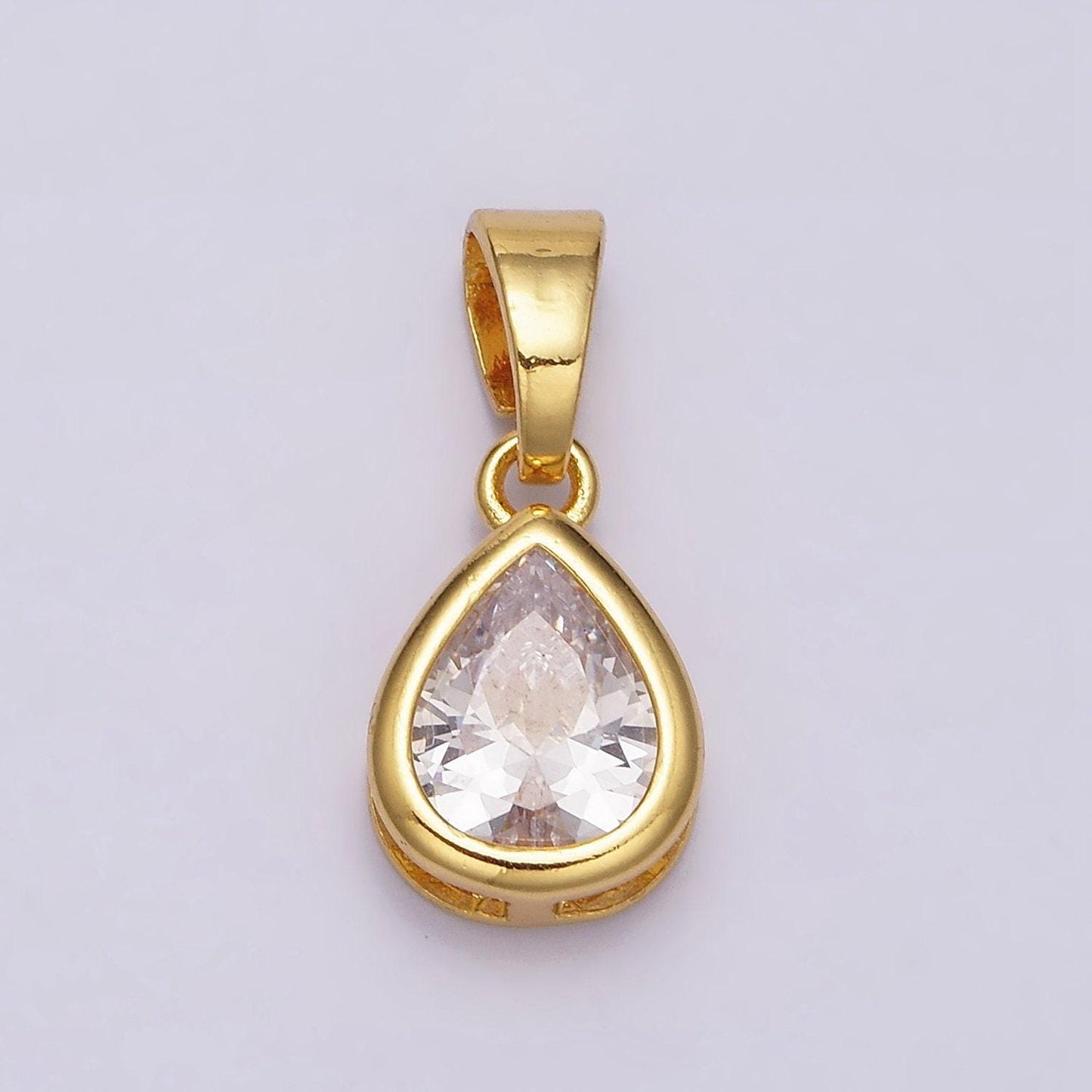 24k gold filled teardrop clear cz bezel mini pendant in gold & silver | aa443 aa444