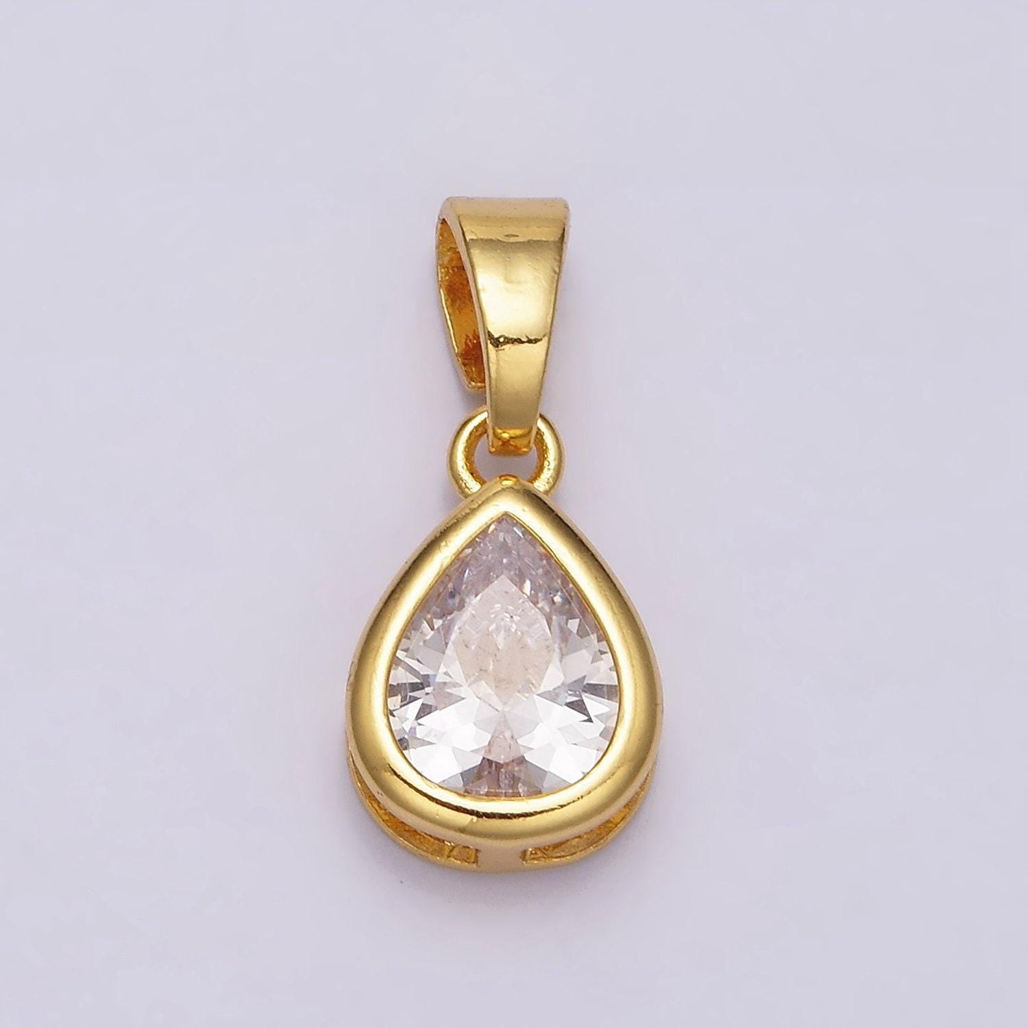 24k gold filled teardrop clear cz bezel mini pendant in gold & silver | aa443 aa444