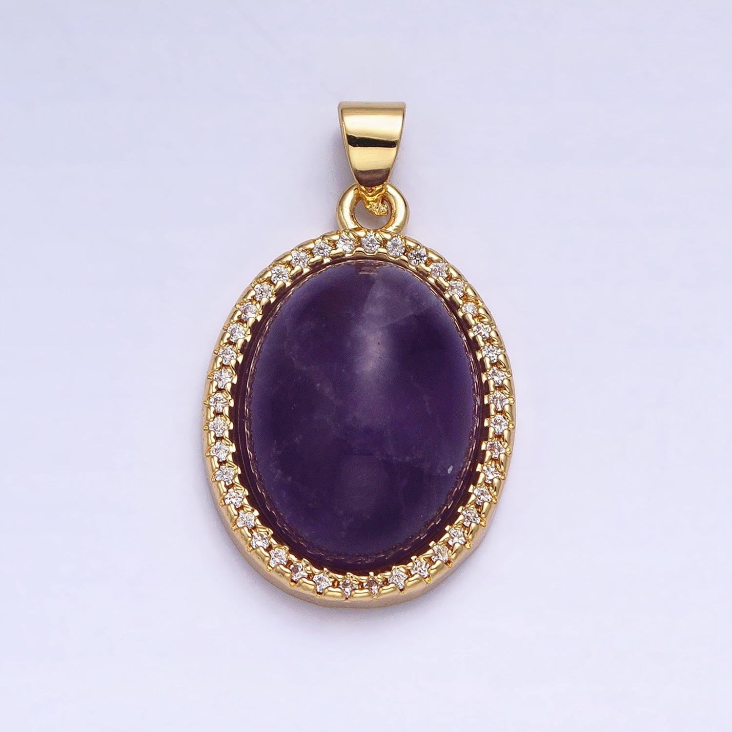 24k gold filled purple amethyst natural gemstone cabochon oval micro paved cz pendant healing stone | aa331