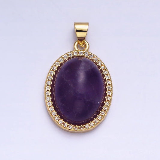 24k gold filled purple amethyst natural gemstone cabochon oval micro paved cz pendant healing stone | aa331