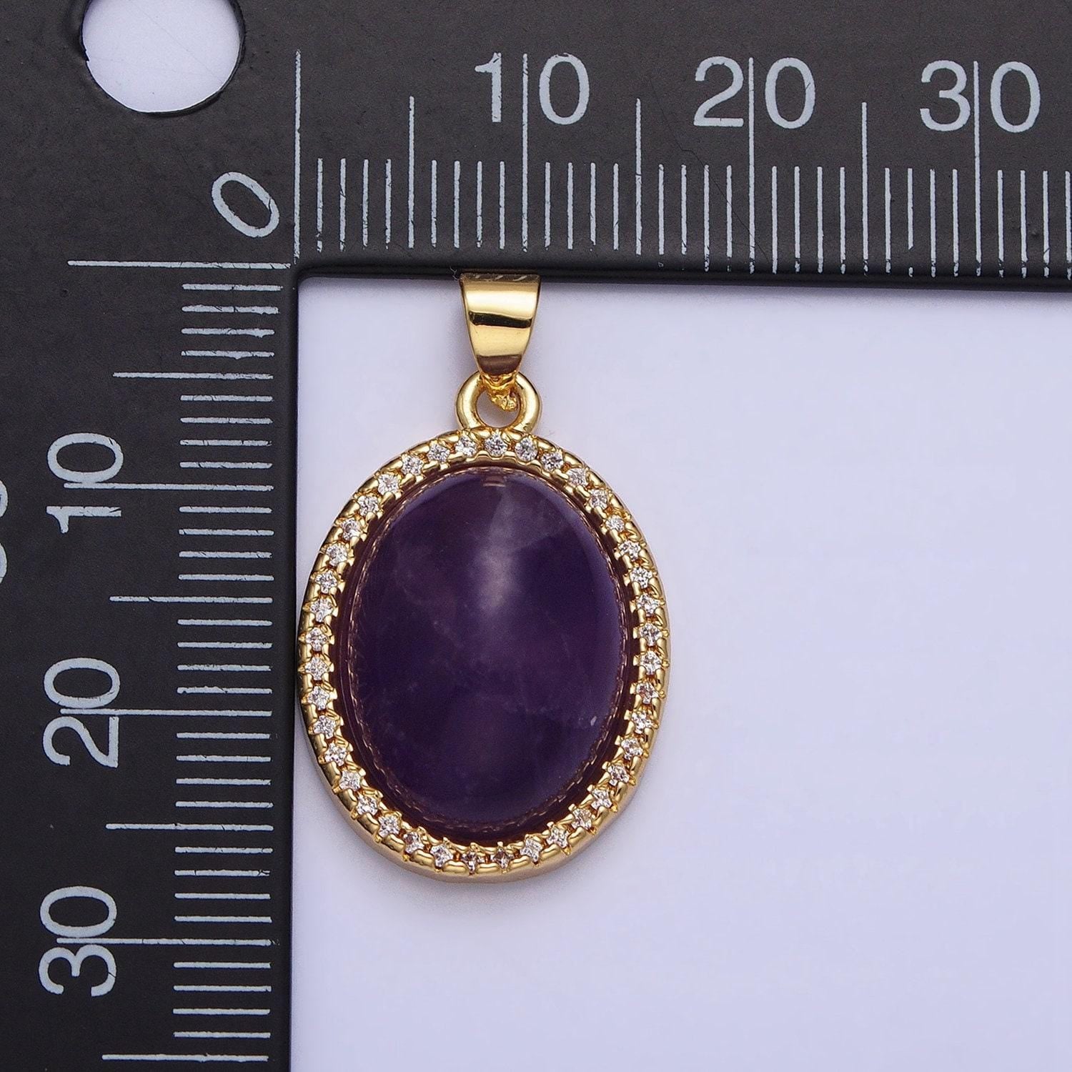 24k gold filled purple amethyst natural gemstone cabochon oval micro paved cz pendant healing stone | aa331
