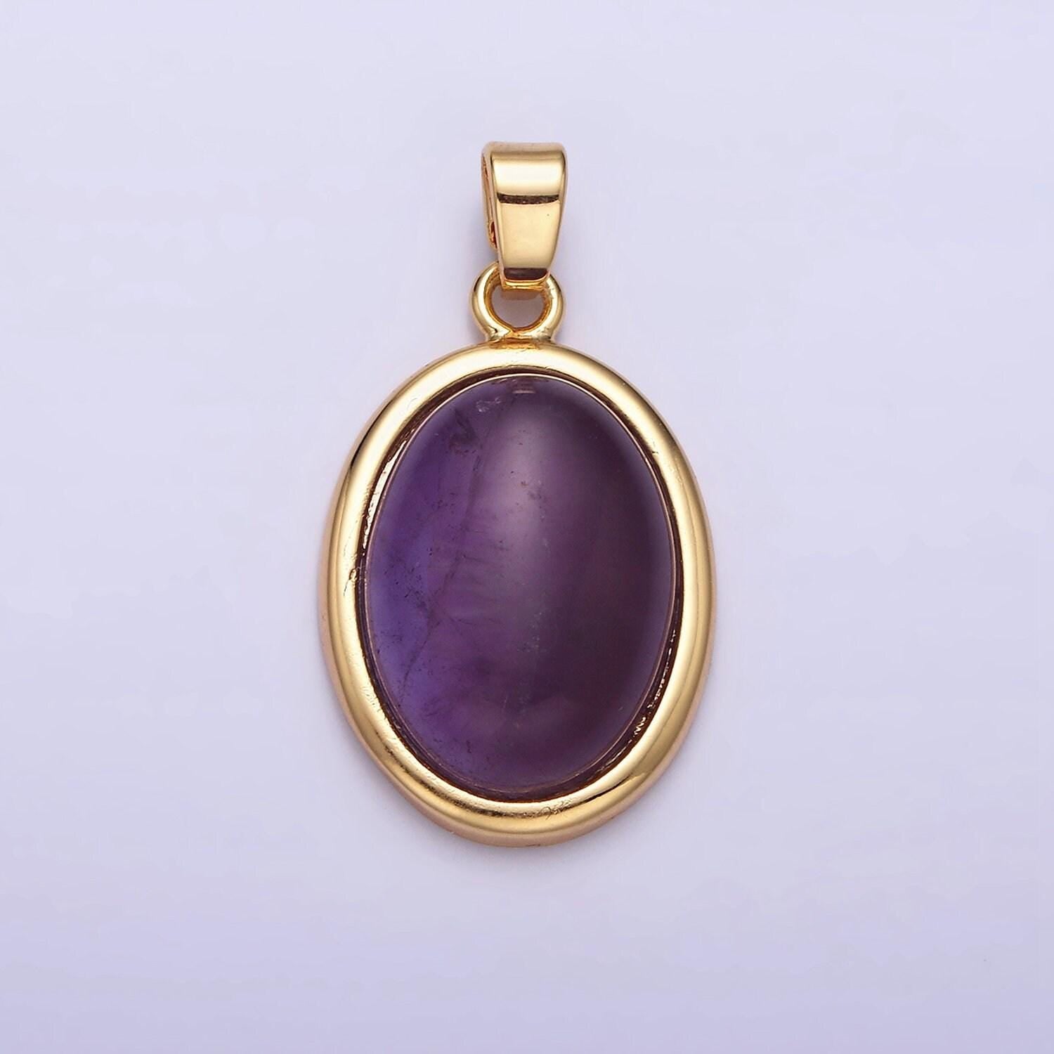 24k gold filled purple amethyst natural gemstone cabochon oval bezel cut pendant healing stone | aa437