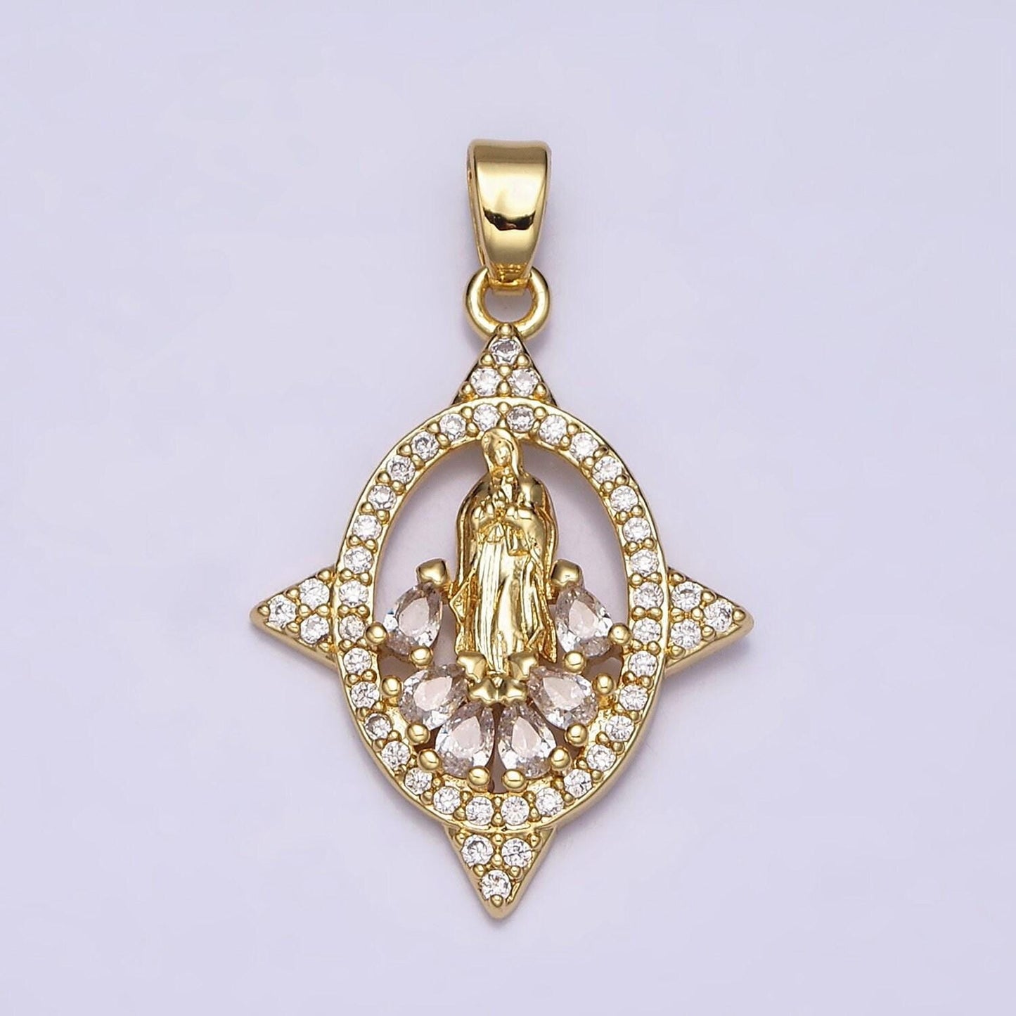 16k gold filled virgin mary lady guadalupe multiple teardrop cz micro paved spiked open oval pendant | aa482