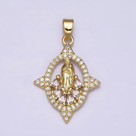 16k gold filled virgin mary lady guadalupe multiple teardrop cz micro paved spiked open oval pendant | aa482