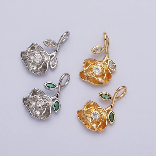 Gold hanging stem rose charm - upside down rose - 10 karat solid gold