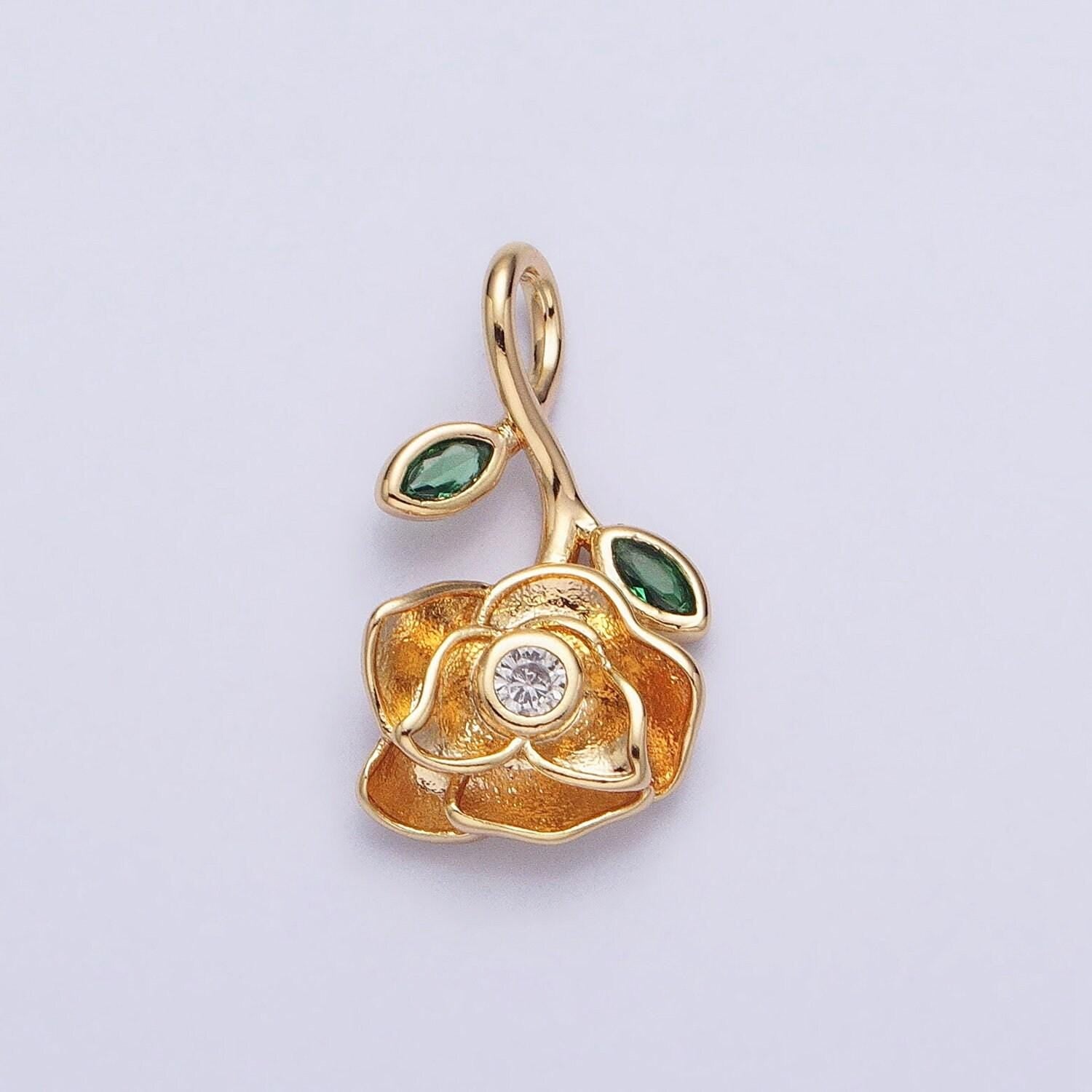 Gold hanging stem rose charm - upside down rose - 10 karat solid gold
