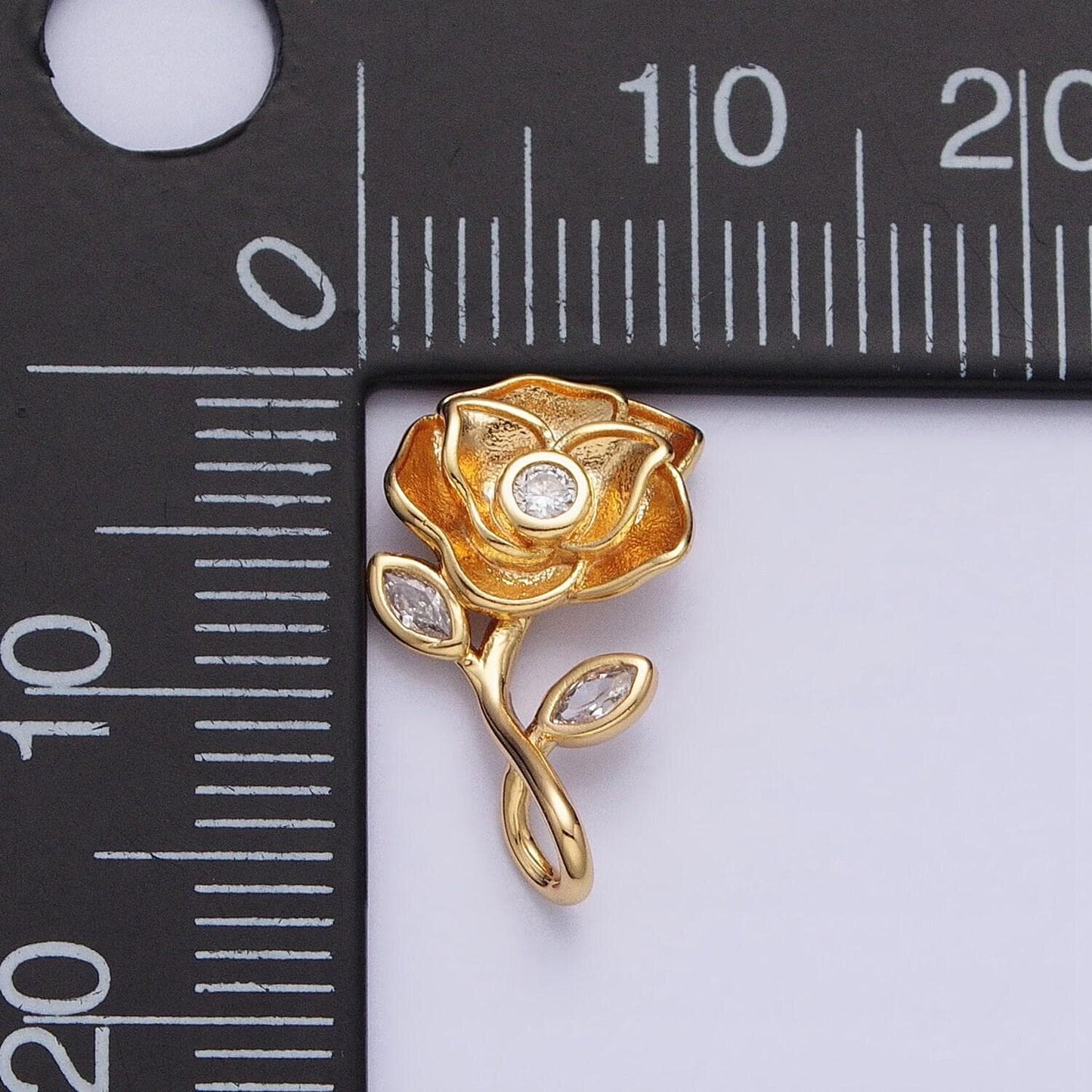 Gold hanging stem rose charm - upside down rose - 10 karat solid gold
