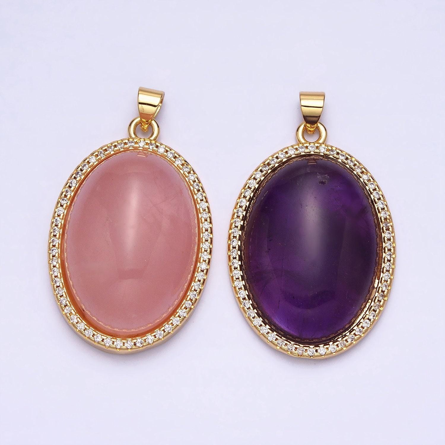 Purple amethyst, pink rose quartz oval cabochon 24k gold filled oval pendant with micro pave cz stone bezel charm aa290 aa291