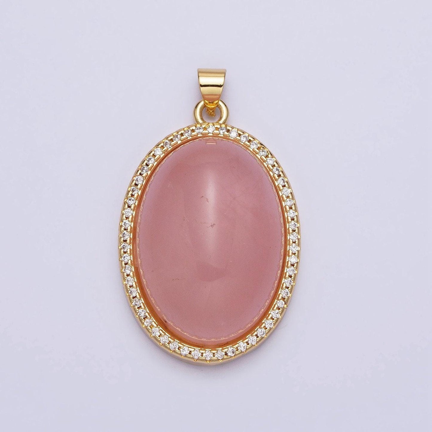 Purple amethyst, pink rose quartz oval cabochon 24k gold filled oval pendant with micro pave cz stone bezel charm aa290 aa291