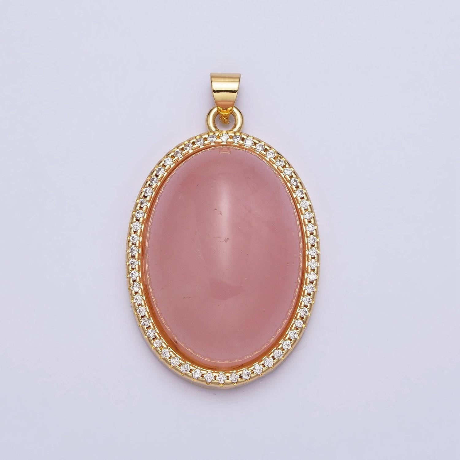 Purple amethyst, pink rose quartz oval cabochon 24k gold filled oval pendant with micro pave cz stone bezel charm aa290 aa291