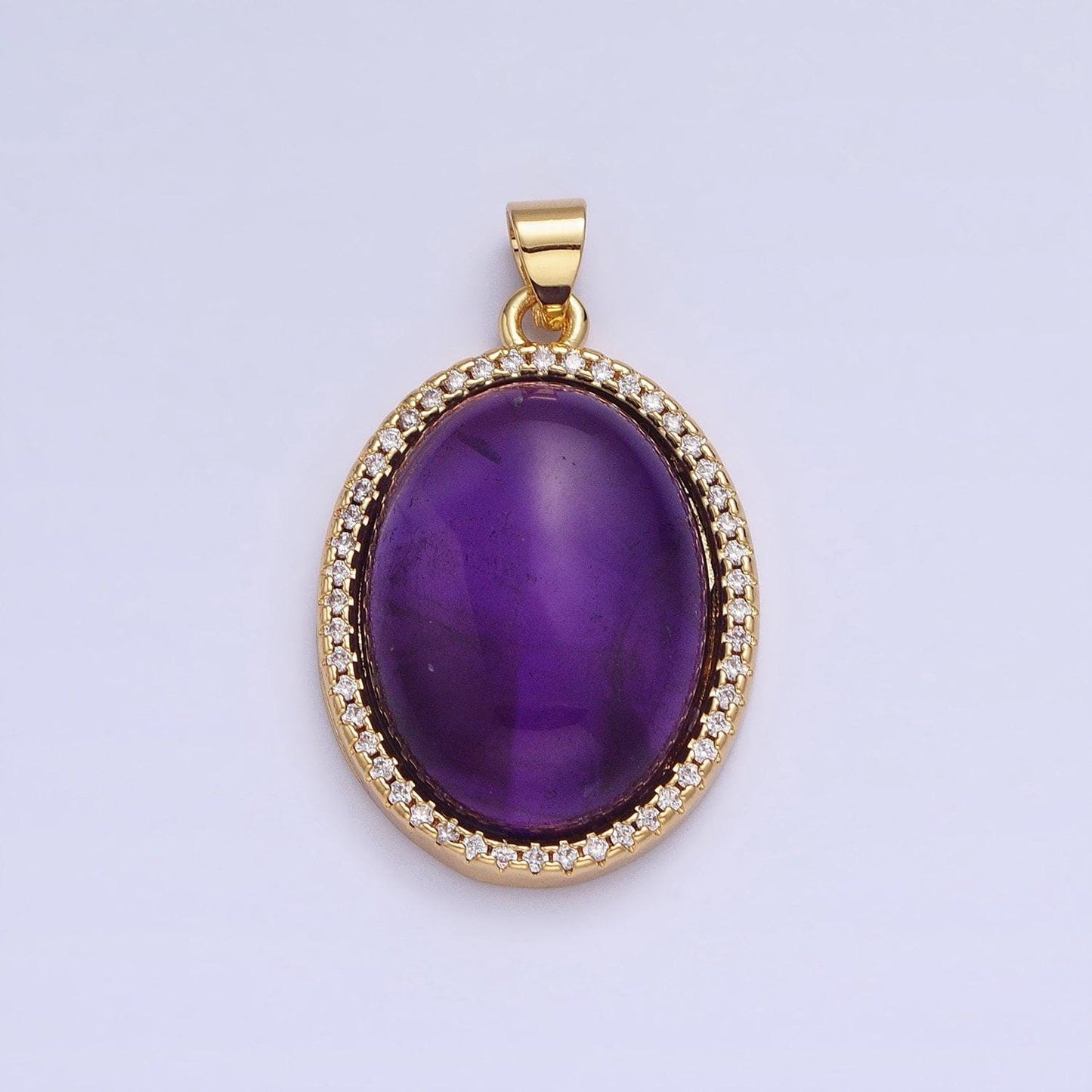 24k gold filled crystal pendant 27mm 31mm purple amethyst natural gemstone oval cabochon micro paved cz pendant | aa330