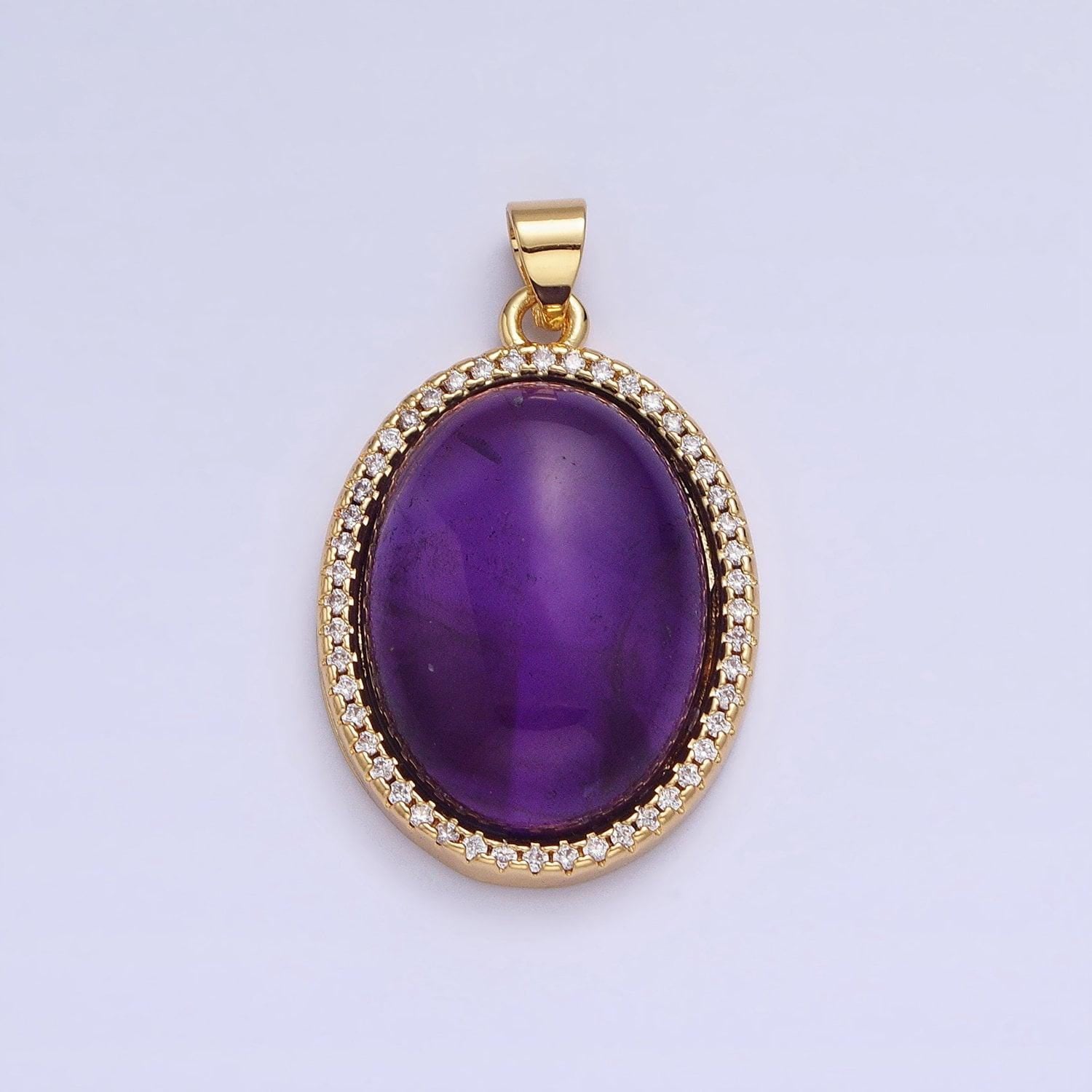 24k gold filled crystal pendant 27mm 31mm purple amethyst natural gemstone oval cabochon micro paved cz pendant | aa330