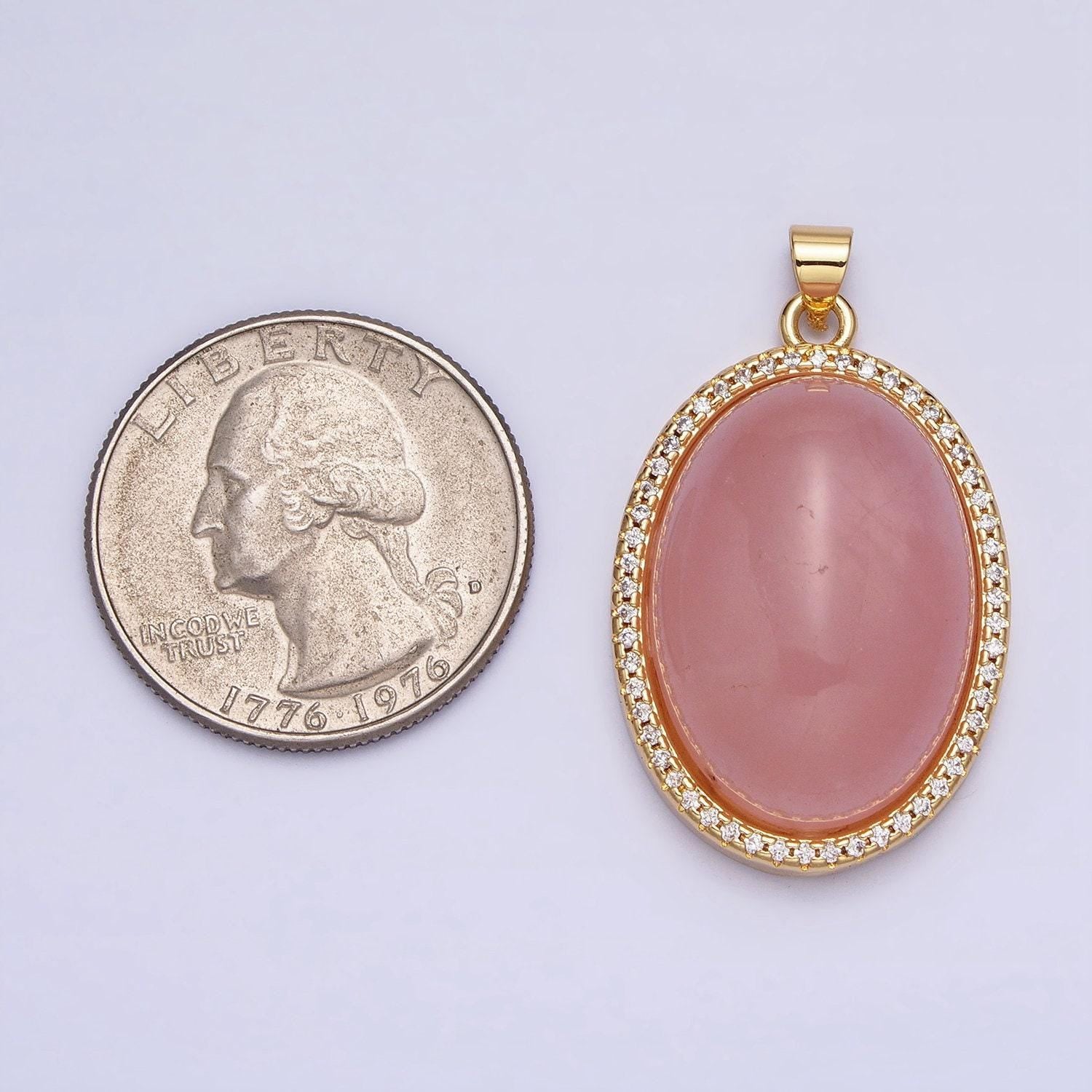 Purple amethyst, pink rose quartz oval cabochon 24k gold filled oval pendant with micro pave cz stone bezel charm aa290 aa291