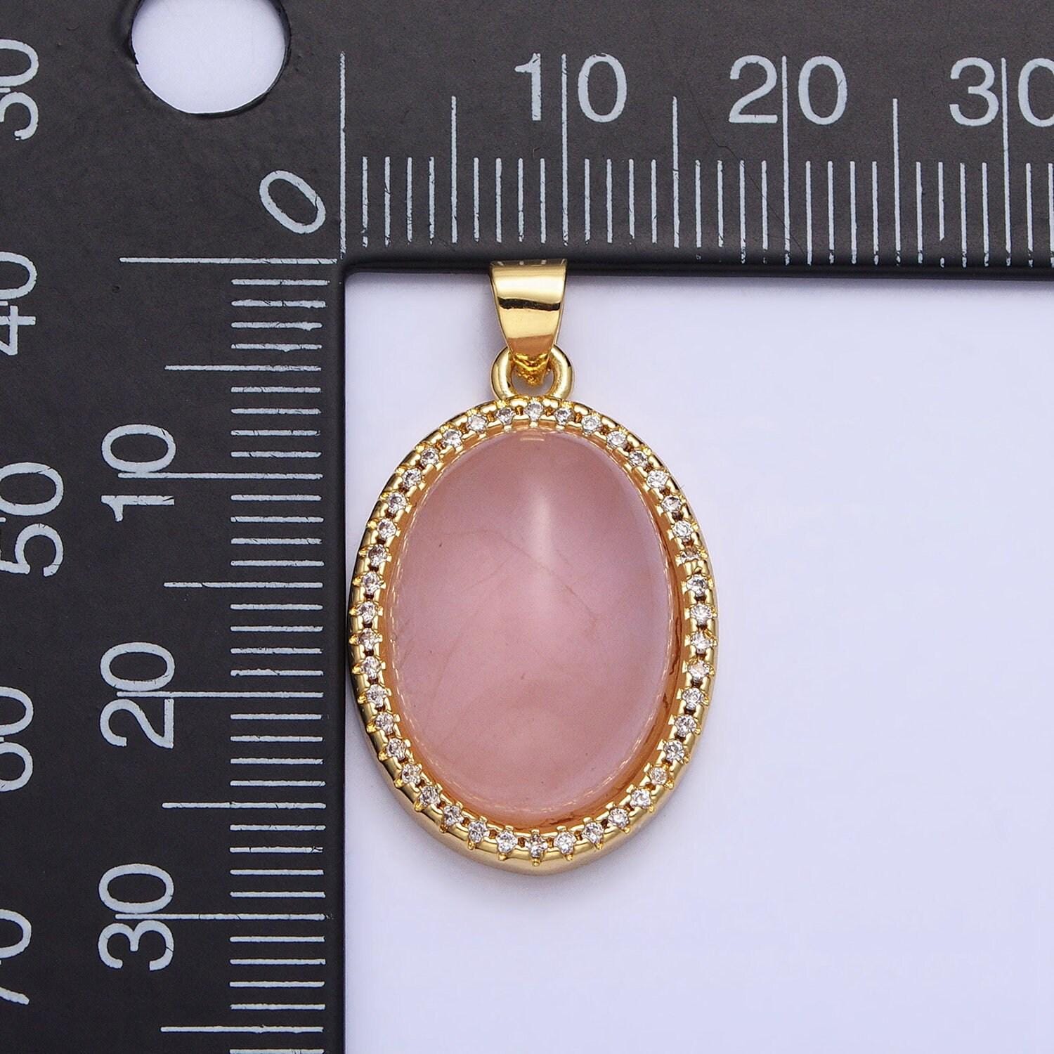 Purple amethyst, pink rose quartz oval cabochon 24k gold filled oval pendant with micro pave cz stone bezel charm aa290 aa291