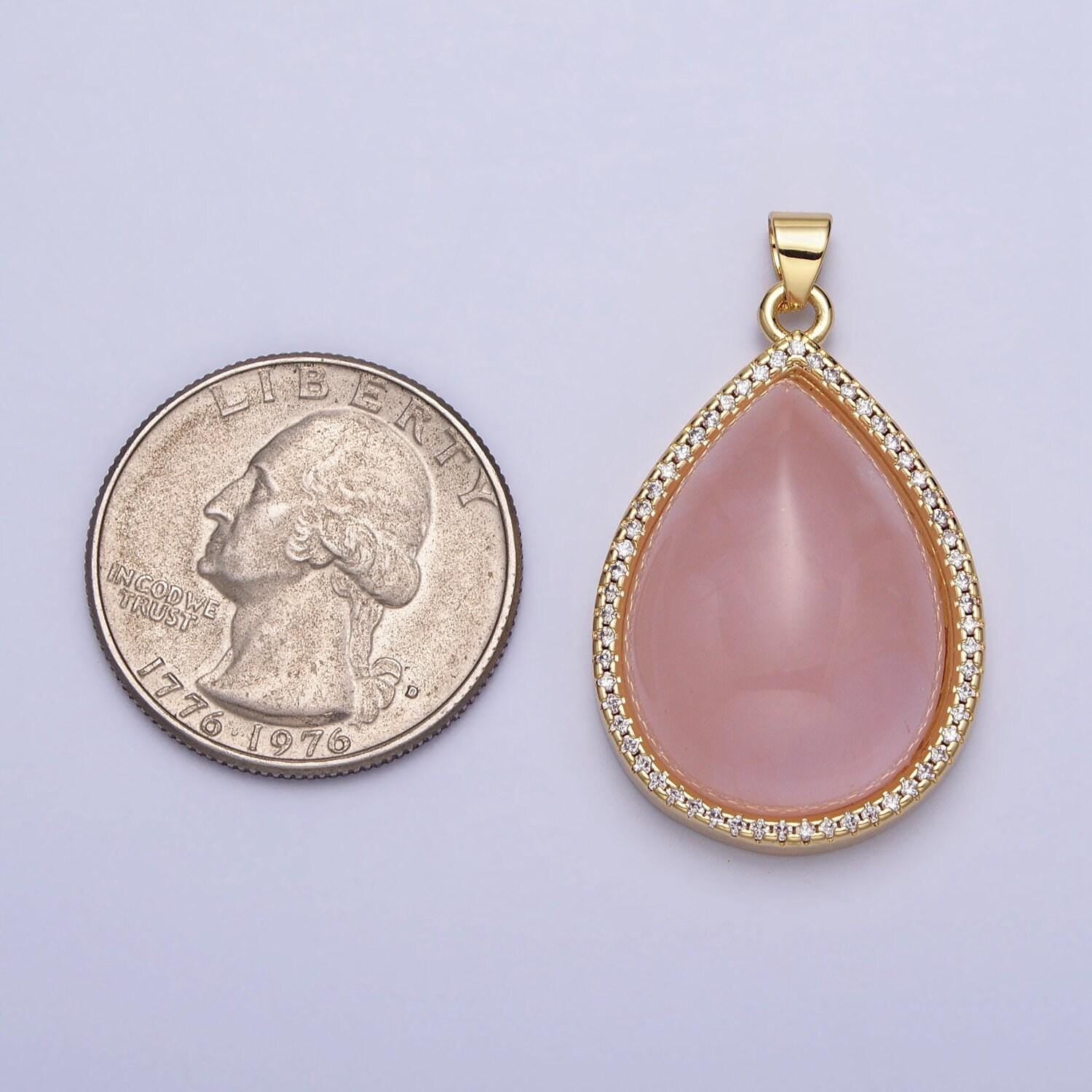 Pink rose quartz cabochon 24k gold filled tear drop pendant with micro pave cz stone aa295