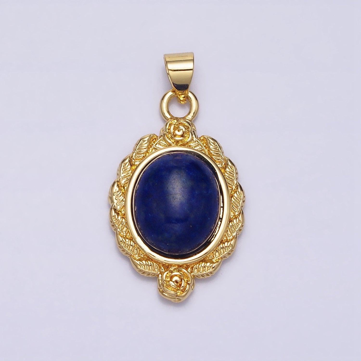 24k gold filled natural stone lapiz lazuli, malachite charms, gold oval cabochon pendant with flower frame aa286 aa287