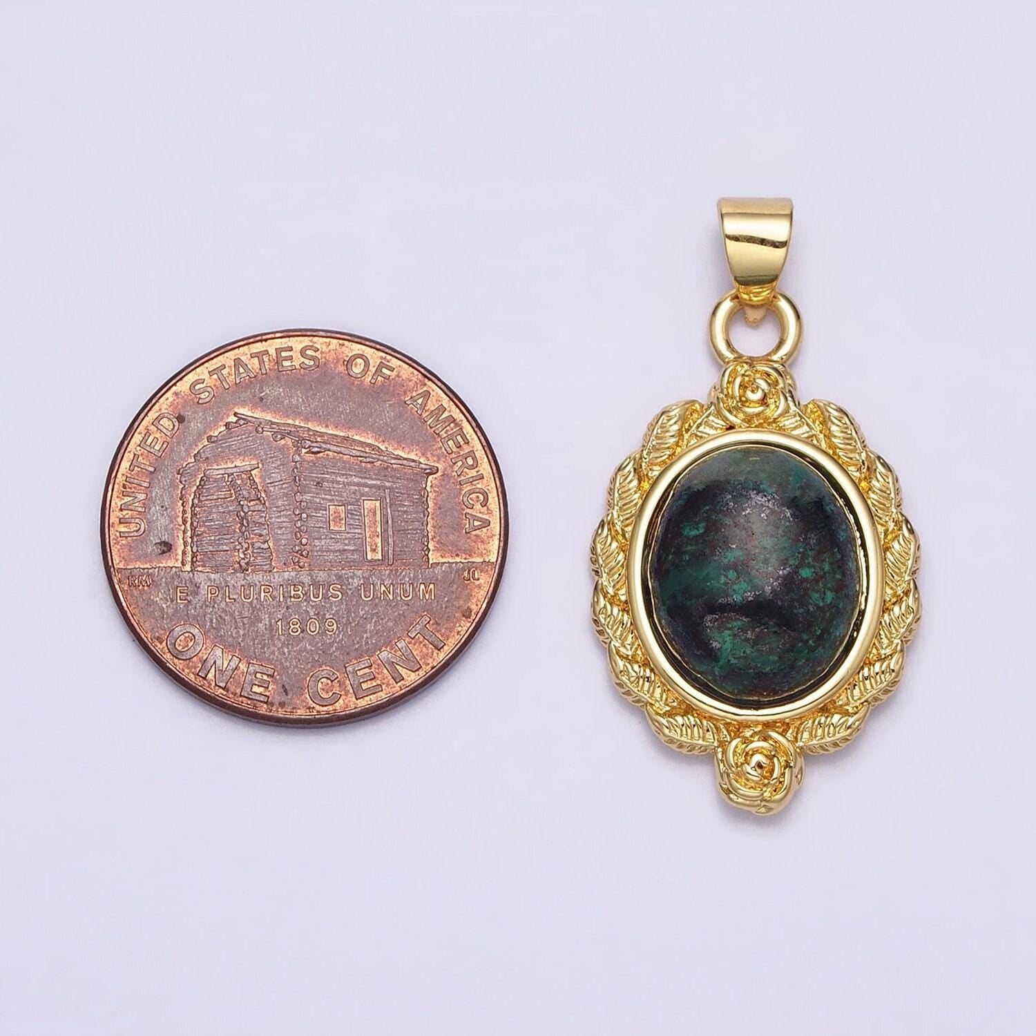 24k gold filled natural stone lapiz lazuli, malachite charms, gold oval cabochon pendant with flower frame aa286 aa287