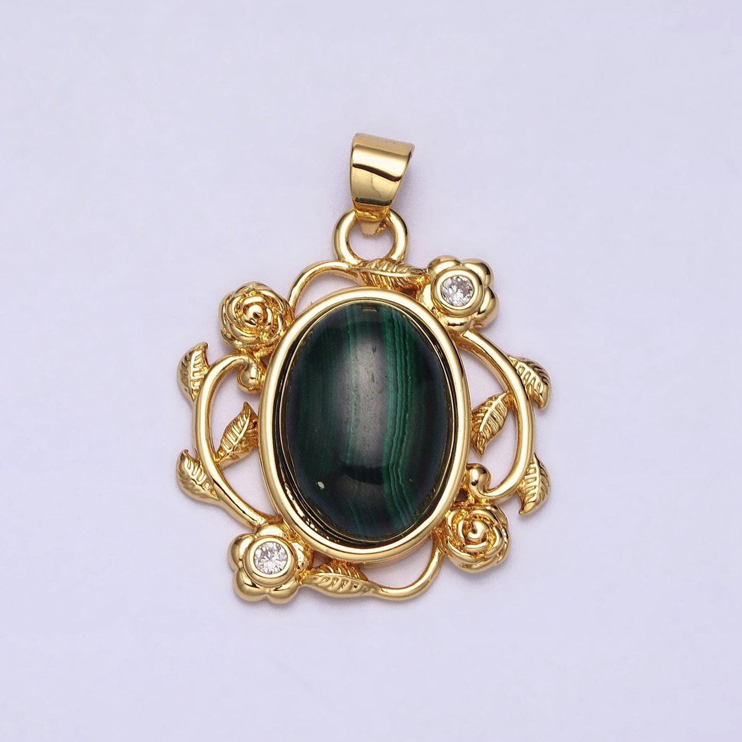 24k gold filled natural stone malachite, howlite charms, gold oval cabochon pendant with flower frame aa281 aa282