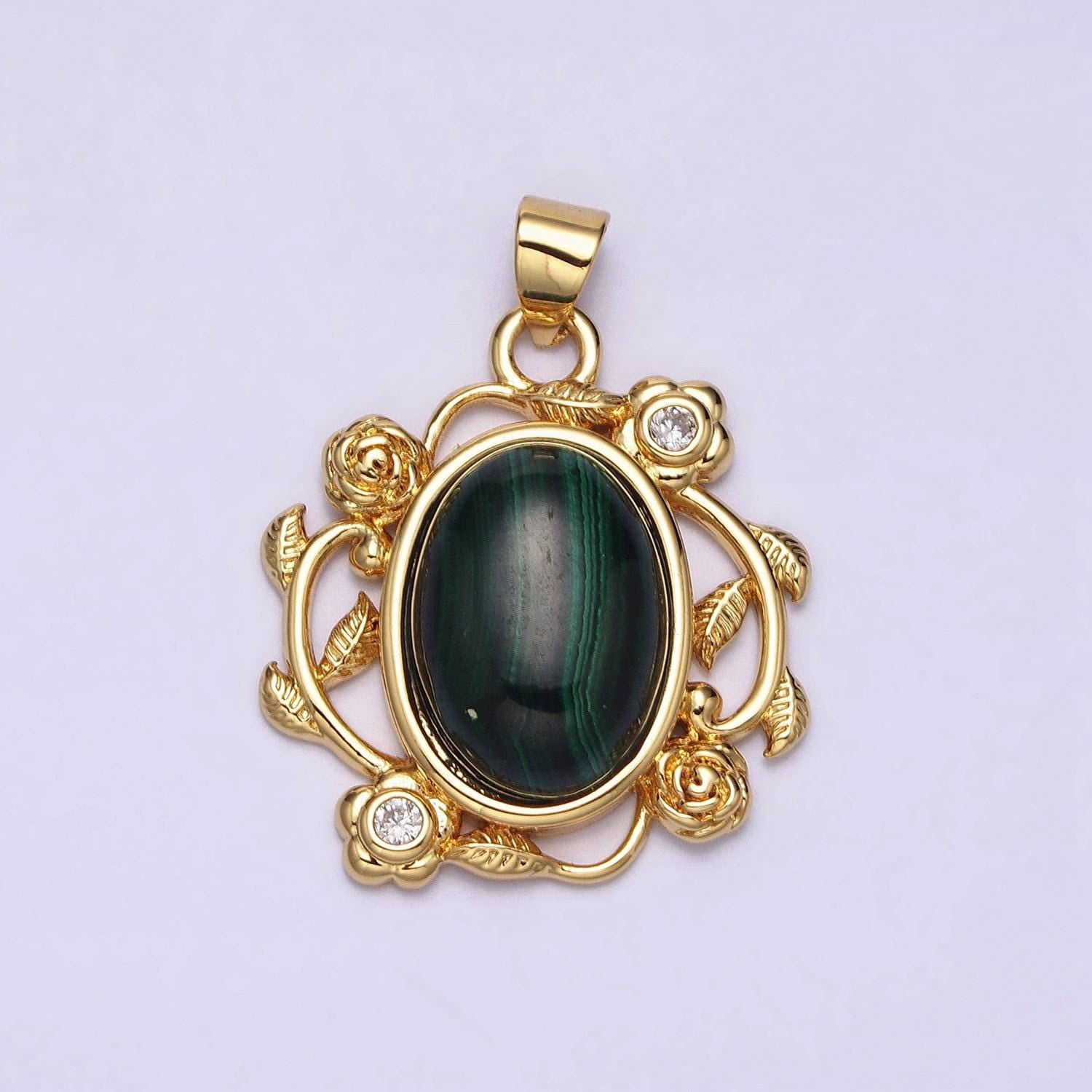 24k gold filled natural stone malachite, howlite charms, gold oval cabochon pendant with flower frame aa281 aa282