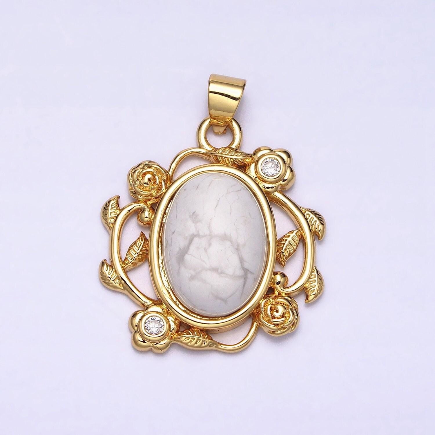24k gold filled natural stone malachite, howlite charms, gold oval cabochon pendant with flower frame aa281 aa282