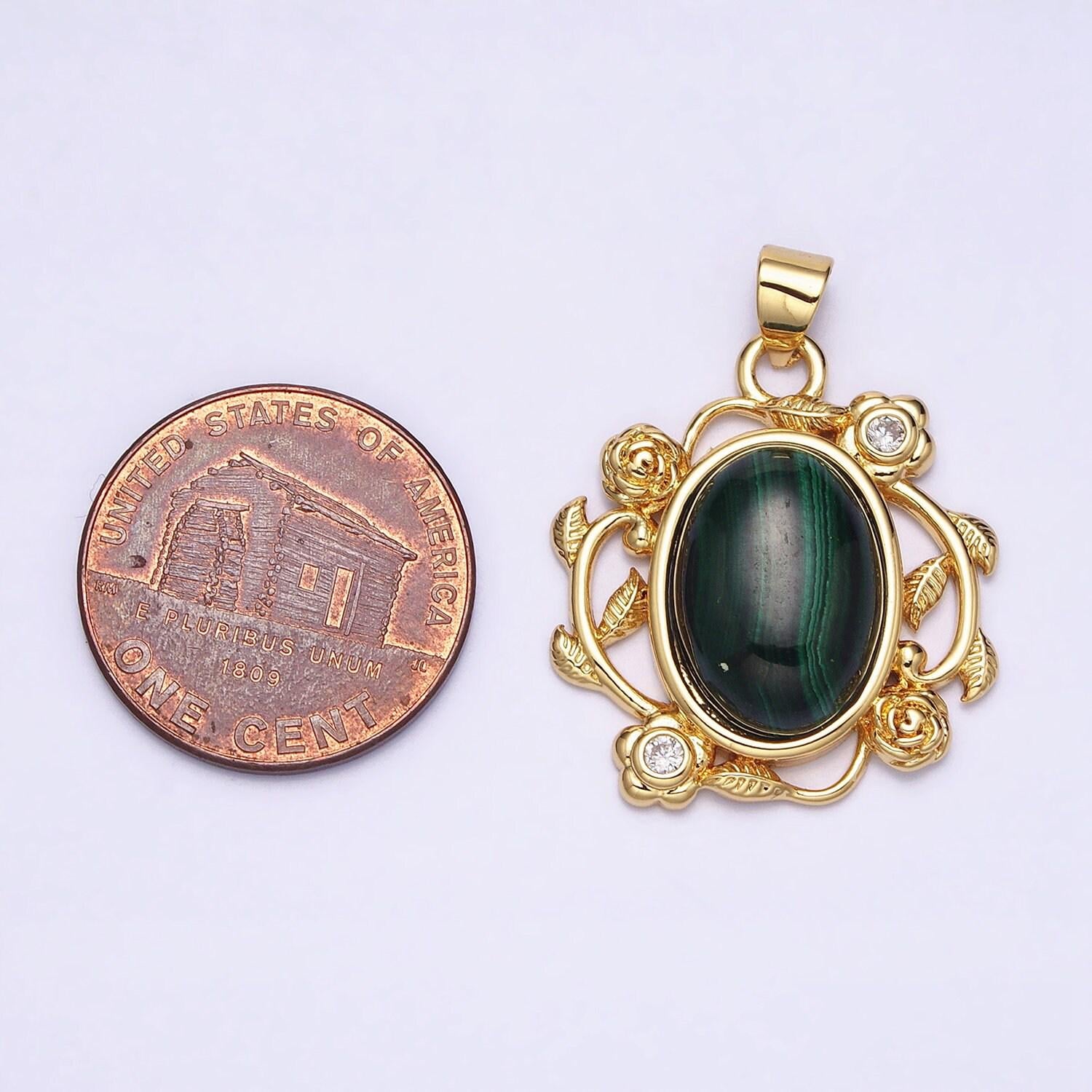 24k gold filled natural stone malachite, howlite charms, gold oval cabochon pendant with flower frame aa281 aa282