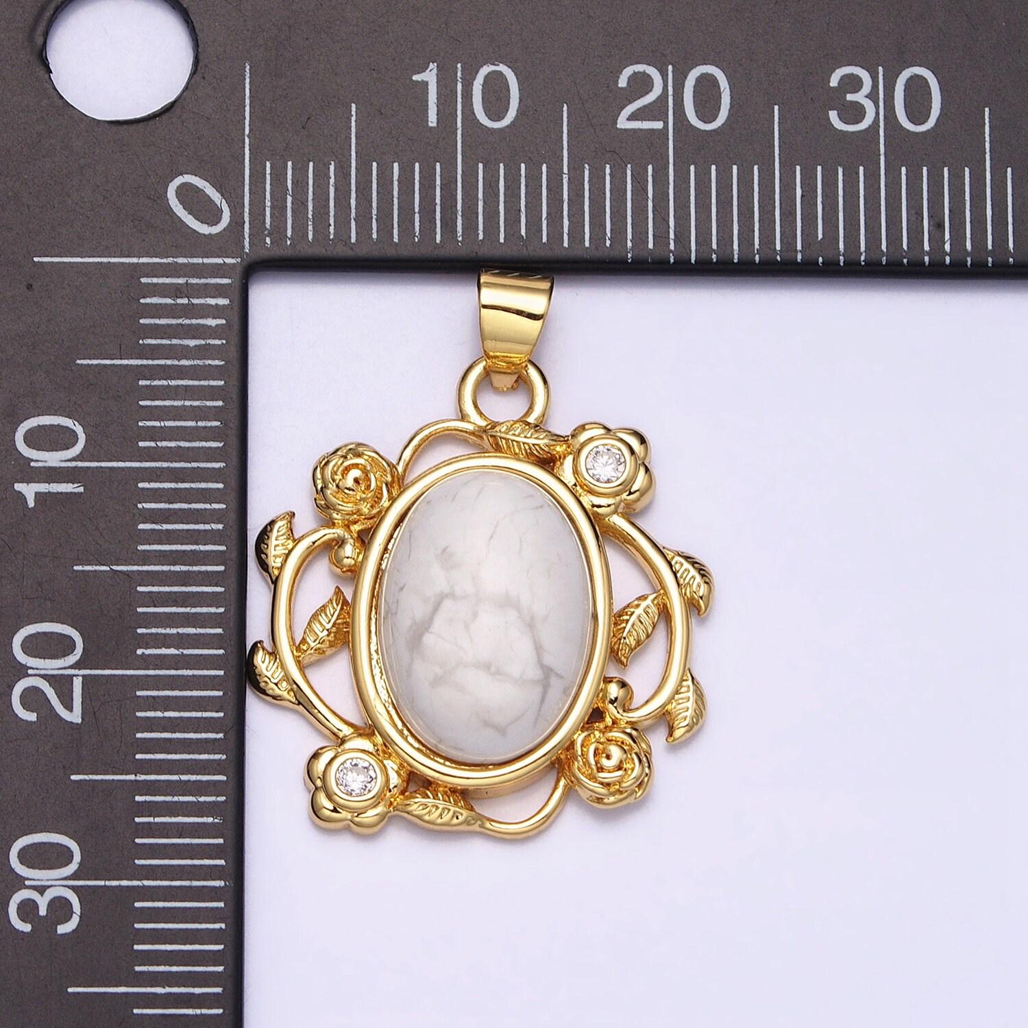 24k gold filled natural stone malachite, howlite charms, gold oval cabochon pendant with flower frame aa281 aa282