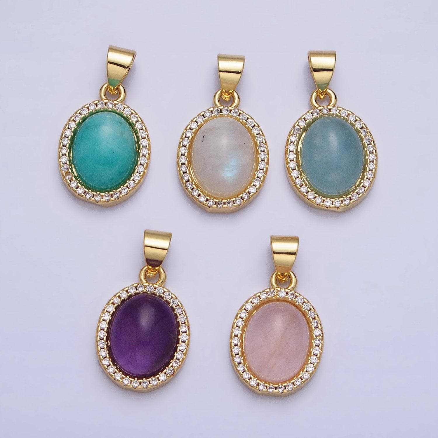 Moonstone amazonite amethyst oval charm 21x11mm gemstone pendant in 24k gold filled bezel with micro pave cz stone aa270
