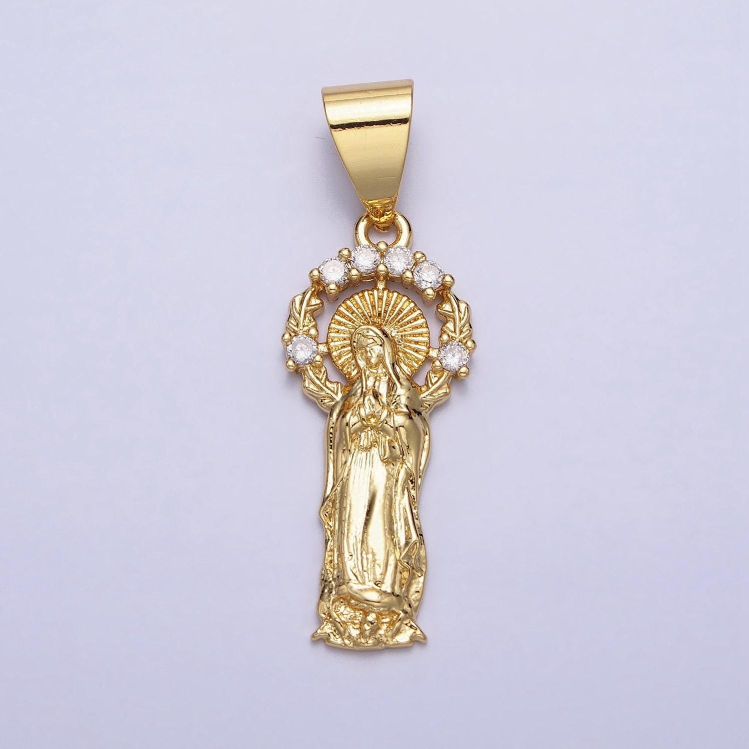 Dainty 24k gold filled virgin mary pendant lady guadalupe with micro pave halo catholic religious jewelry making aa259