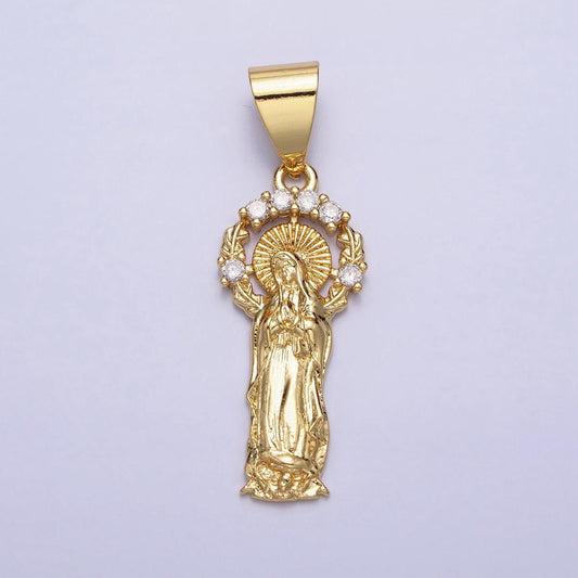 Dainty 24k gold filled virgin mary pendant lady guadalupe with micro pave halo catholic religious jewelry making aa259