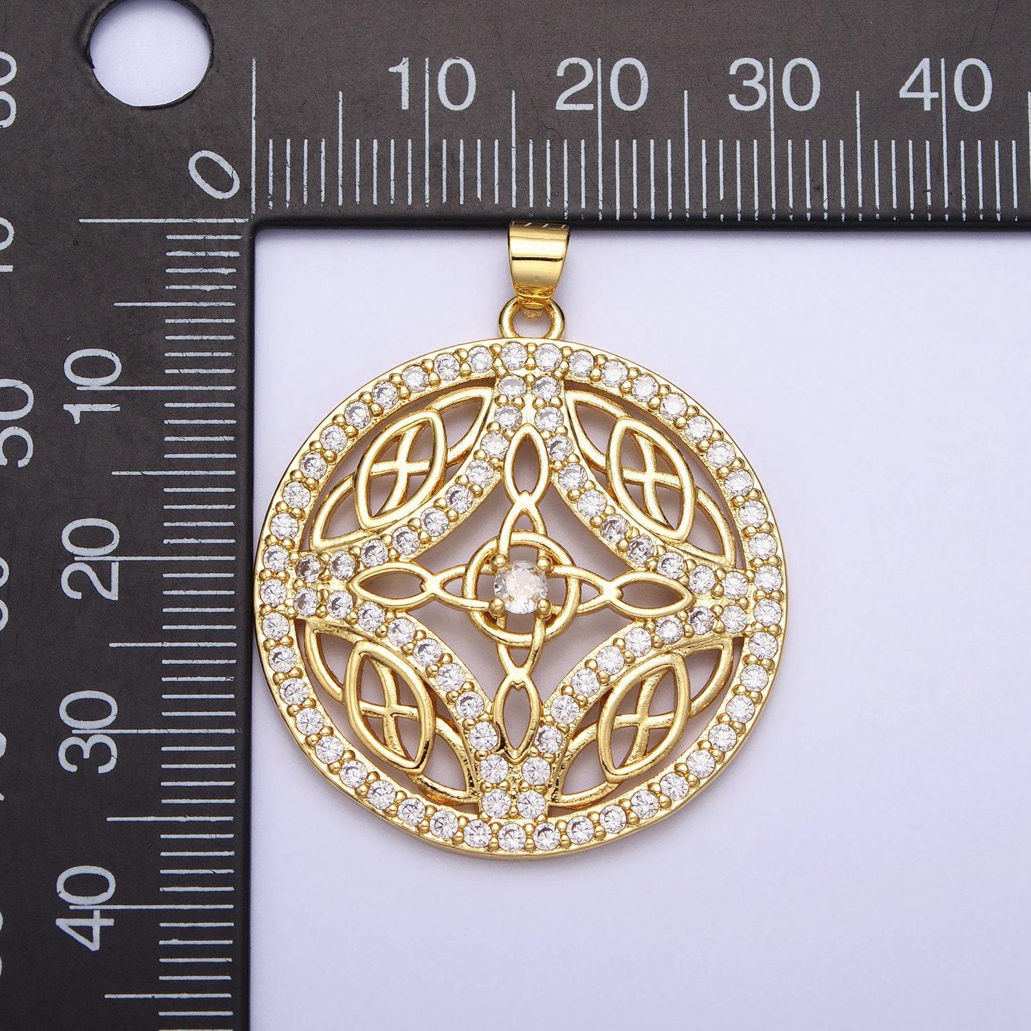 Cubic circle statement medallion pendant micro pave round disc charm in 24k gold filled aa256