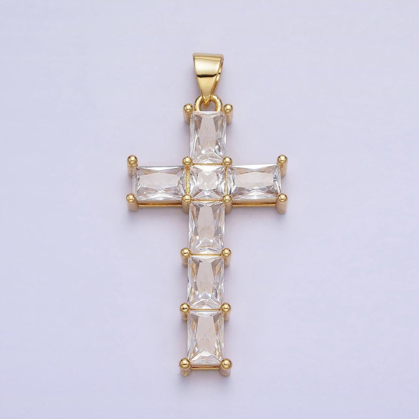 Long gold plated emerald cut cz cross religious charm pendant minimalist jewelry religious cross charm necklace with bail aa255