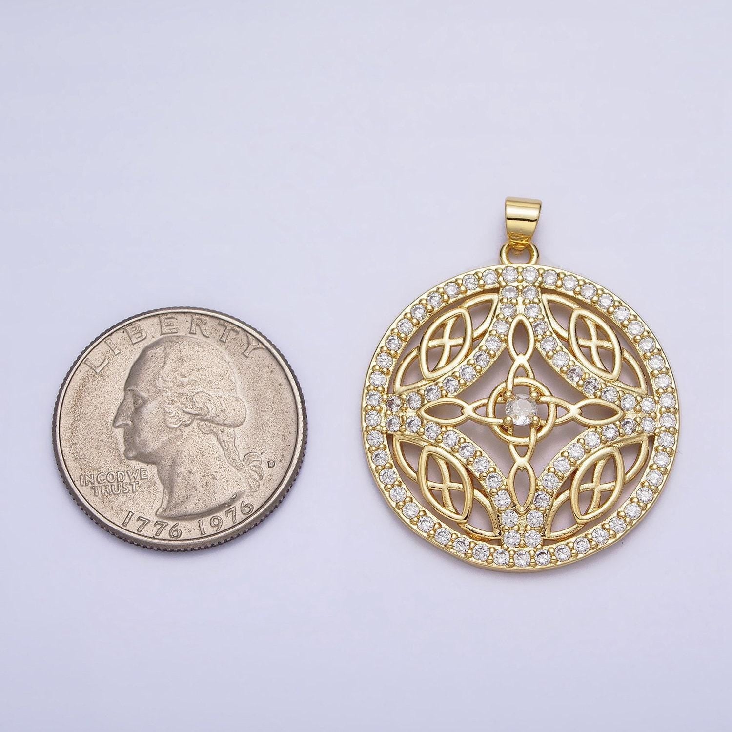 Cubic circle statement medallion pendant micro pave round disc charm in 24k gold filled aa256